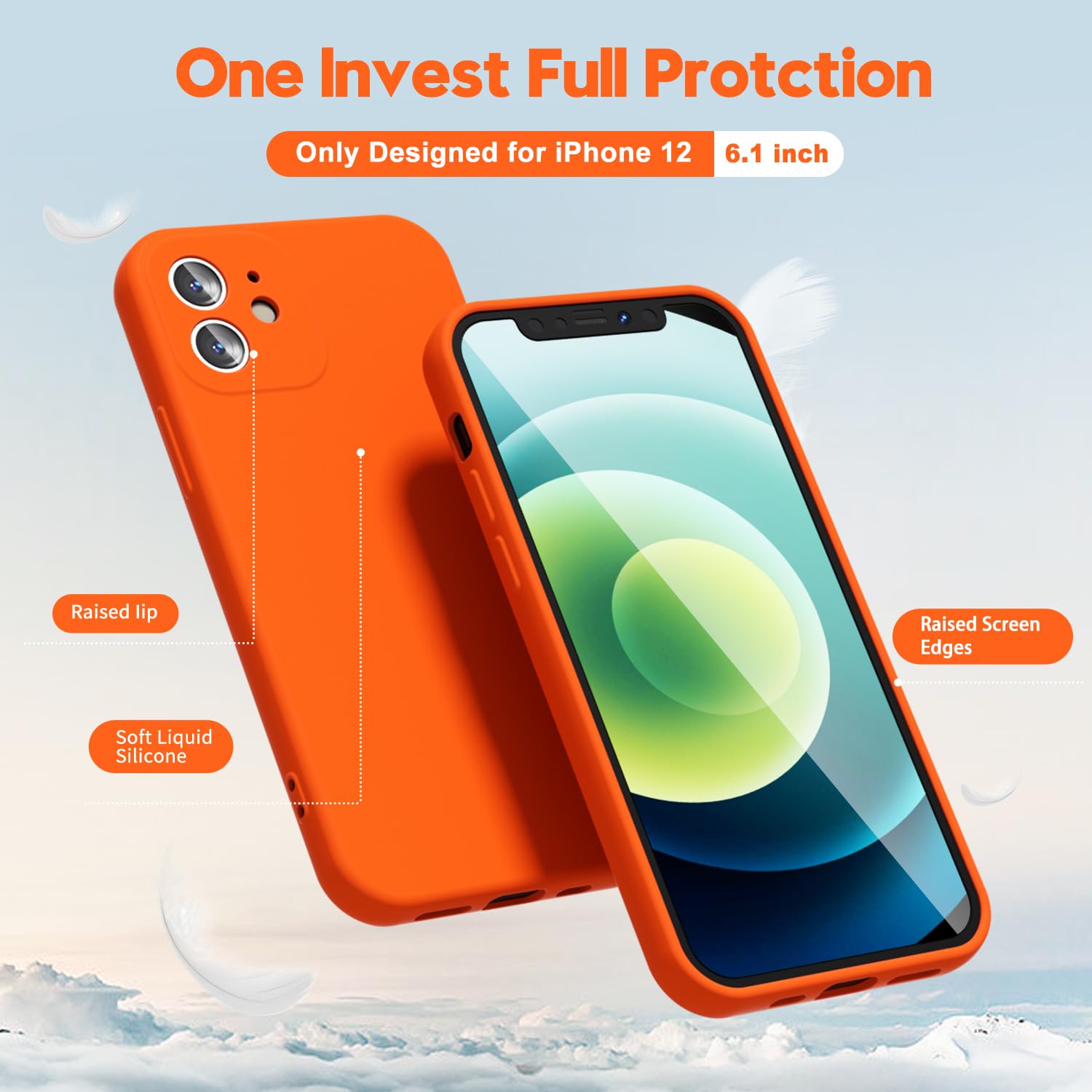 Oakxco For Iphone 12 Case Liquid Silicone, Fluorescent Bright Solid Color, Soft Rubber Gel Elegant Aesthetic Cover, Thin Slim Tp