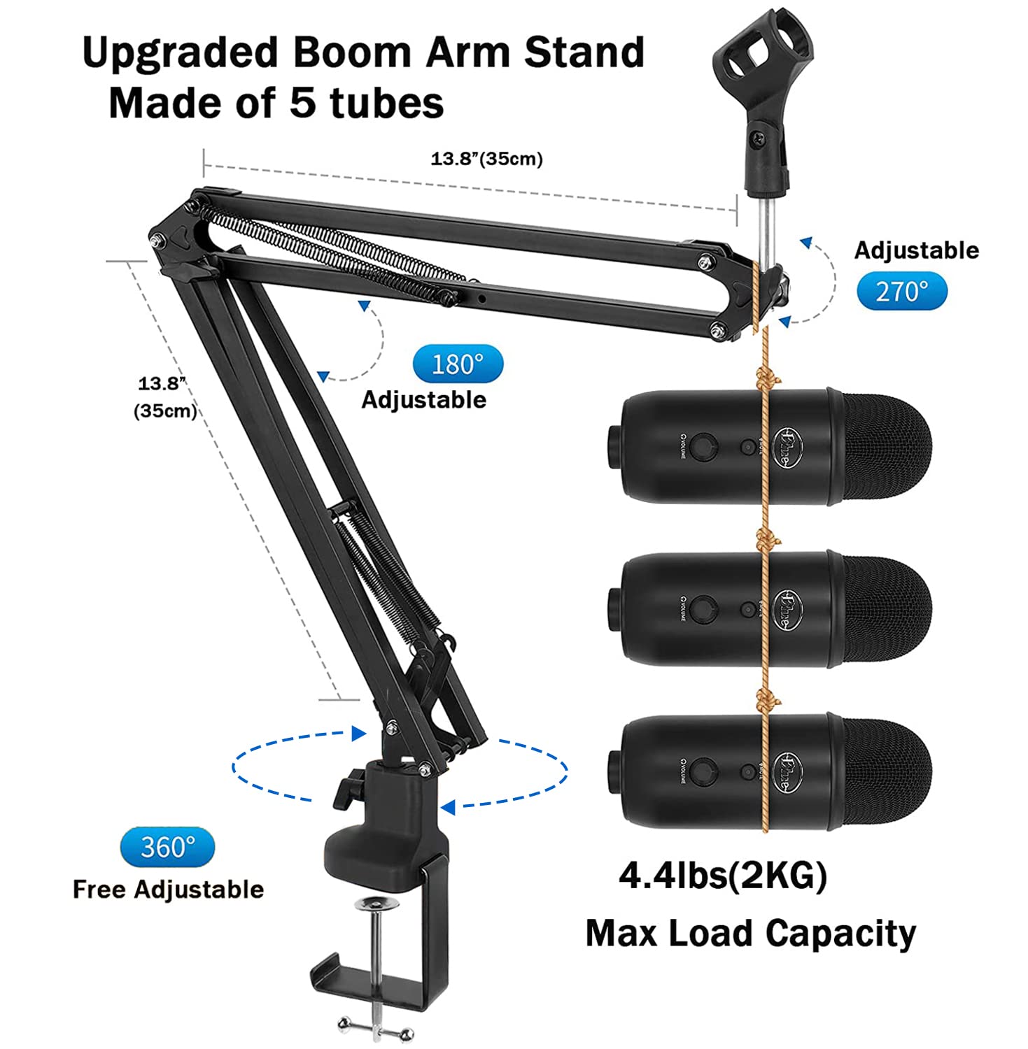 Luling Arts Boom Arm Suspension Mic Heavy Duty Microphone Arm For Blue Yeti, Hyperx Quadcast, Adjustable Boom Mic Stand Desk Wit