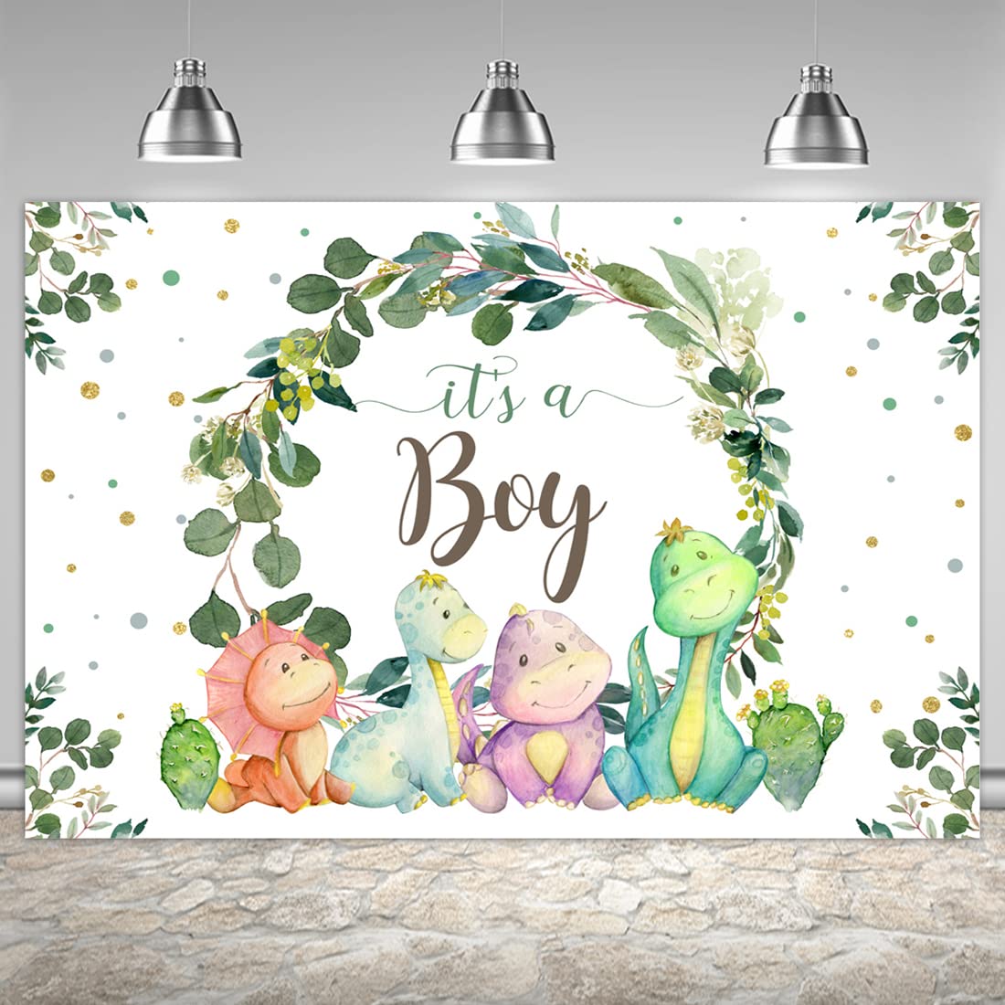 6X4Ft It'S A Boy Backdrop Baby Shower Cartoon Dinosaur Cactus And Eucalyptus Leaves Photography Background Kids Party Supplies C