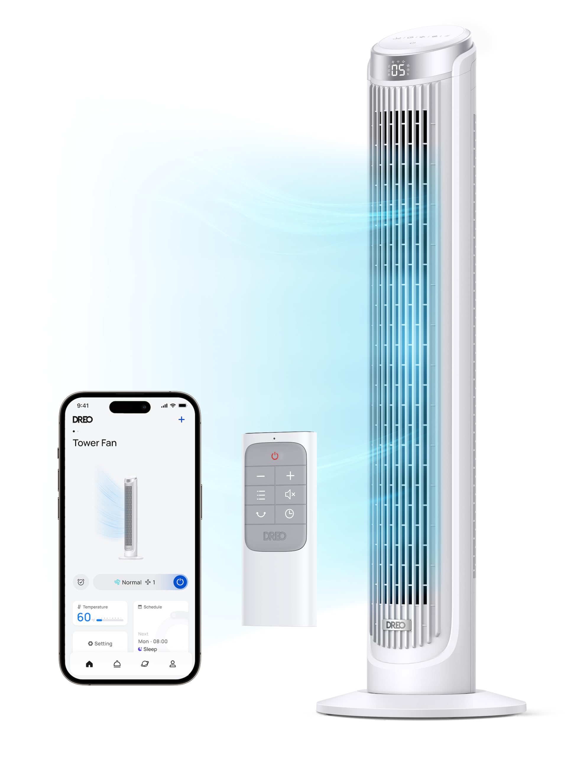 Dreo Smart Tower Fan For Bedroom, Standing Fans For Indoors, 90 Oscillating, 26Ft/S Velocity Quiet Floor Fan With Remote, 8H Tim