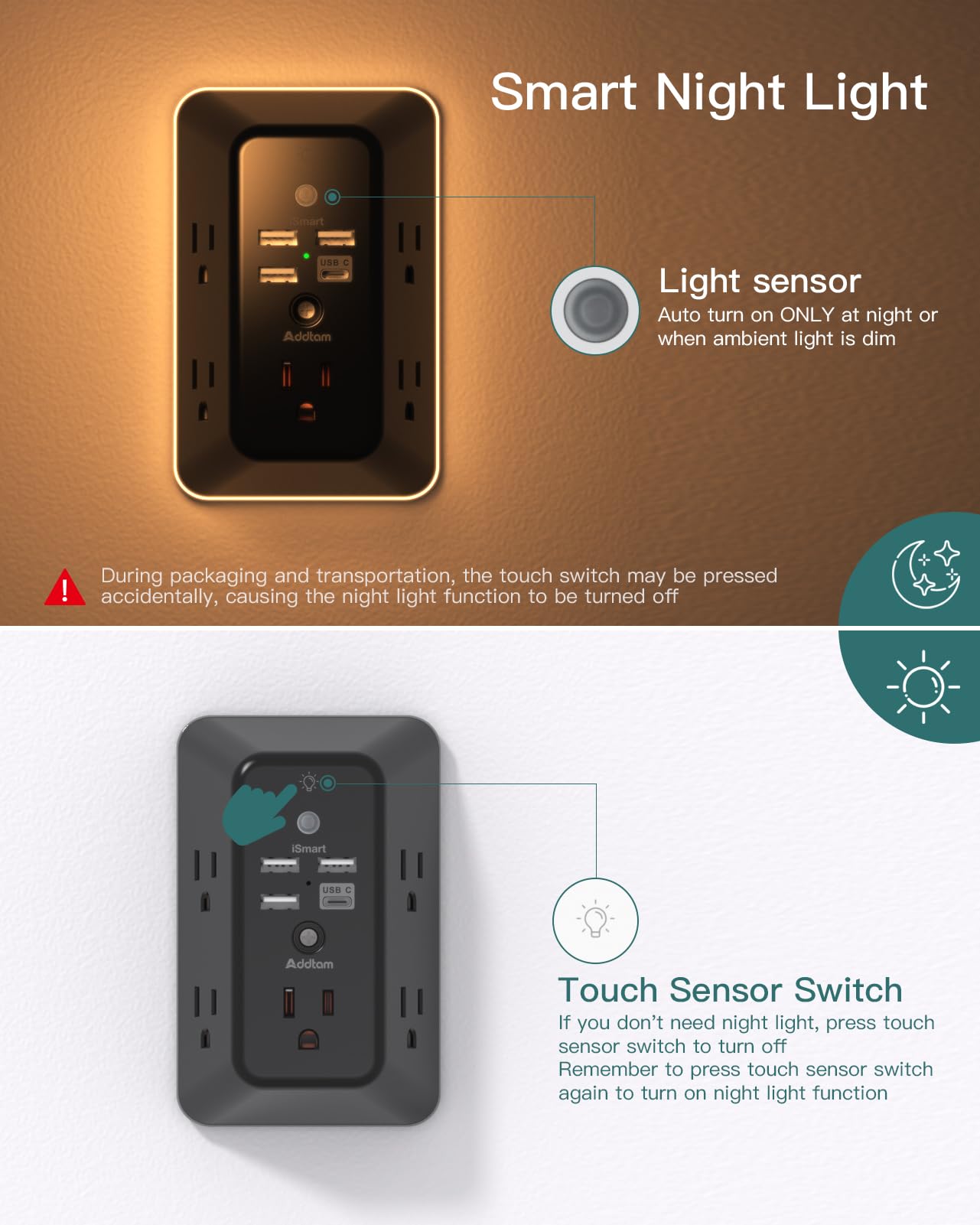 Surge Protector, Outlet Extender With Night Light, Addtam 5 Outlet Splitter And 4 Usb Ports(1 Usb C), Multi Plug Wall Outlet For