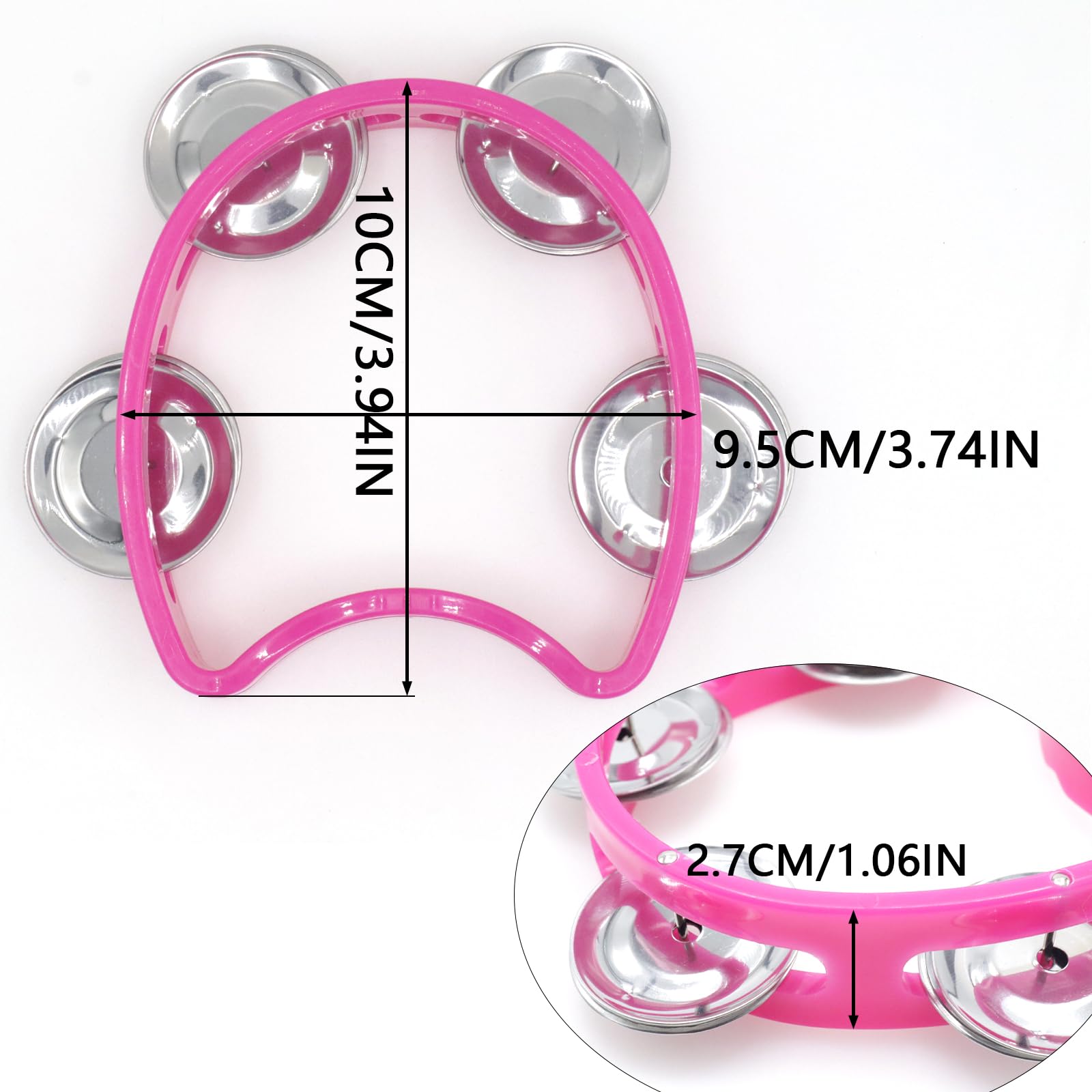 Cheerock Pack Of 2 Plastic Percussion Handheld Tambourines With 4 Jingle Bells, Pink Mini Hand Bell Percussion, Musical Rhythm I