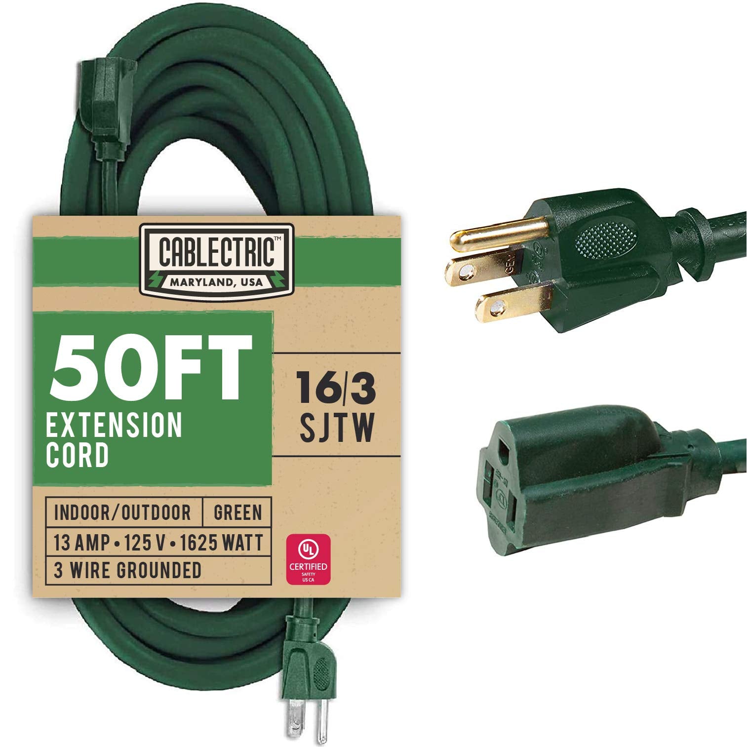 Cablectric 50 Ft Outdoor Extension Cord 3 Prong, 16/3 Sjtw Weatherproof Green Extension Cord 50Ft, 13 Amp Heavy Duty Exterior Power Cable For Outside, Landscaping & Outdoor Lights