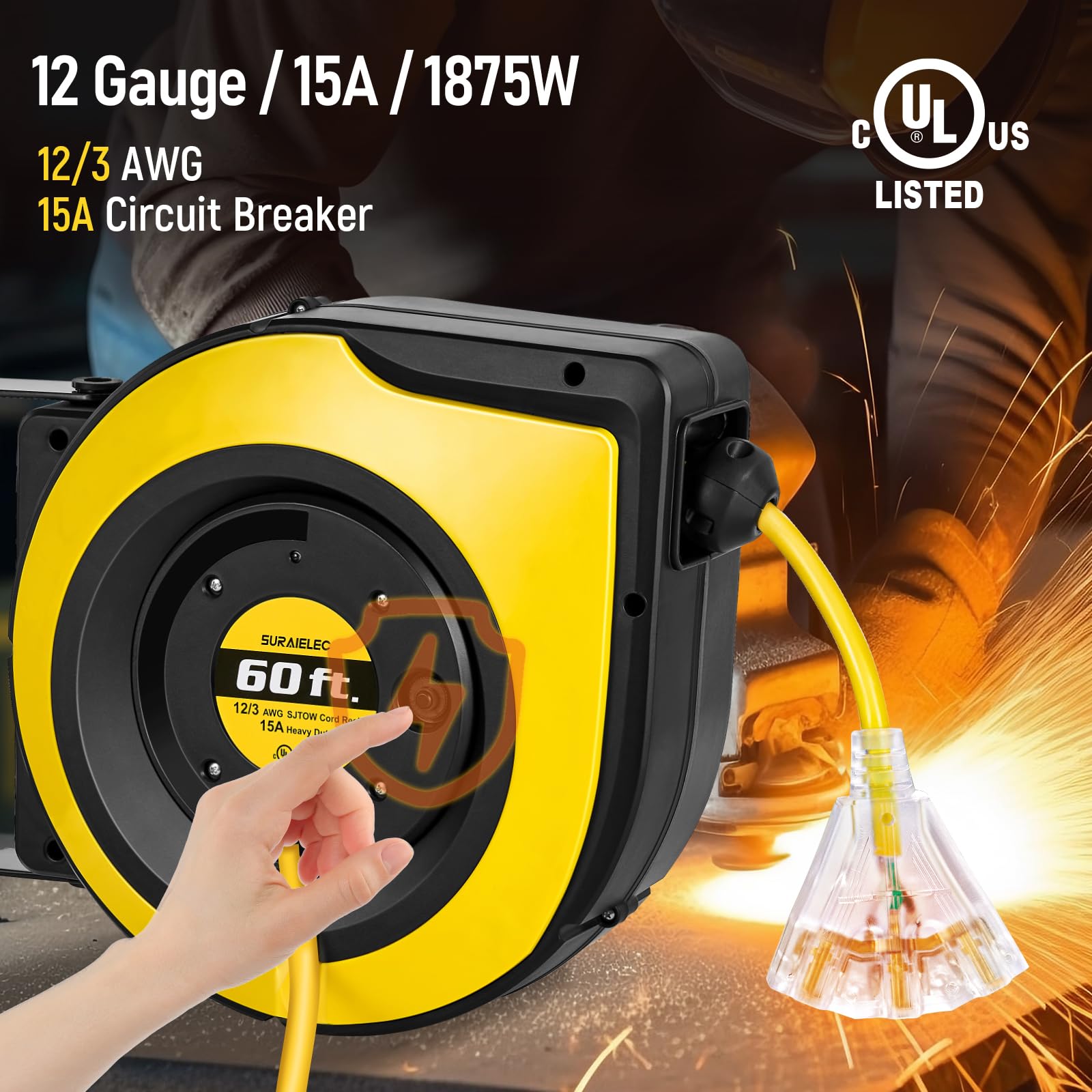 Suraielec 12 Gauge Extension Cord Reel, 60 Ft Retractable Extension Cord, 12 Awg/3C Sjtow Heavy Duty Power Cord, 15 Amp Circuit