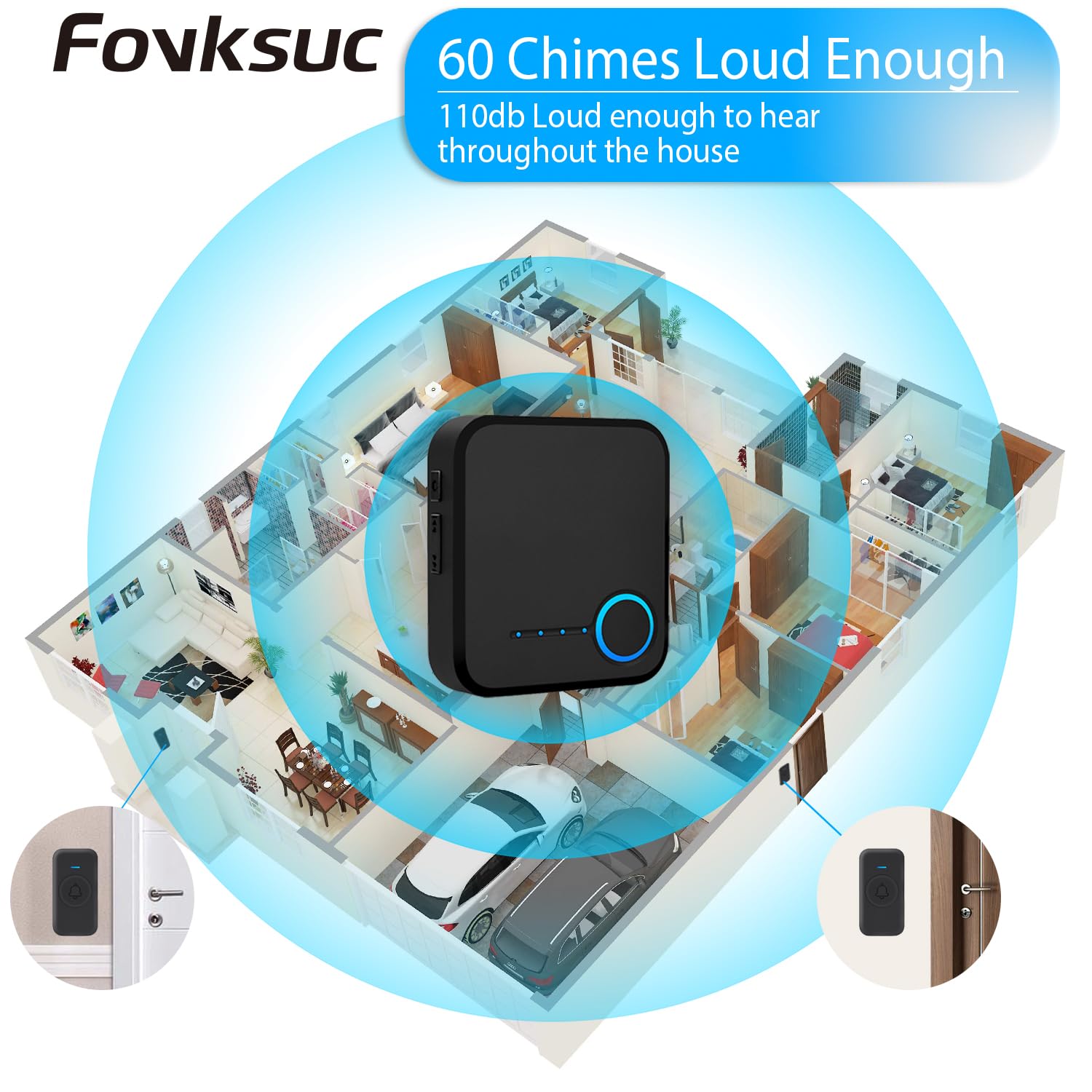 Fovksuc Wireless Doorbell, Door Bell Kits With 3 Receivers +2 Waterproof Buttons, 60 Chimes 5 Levels Volume And Mute Mode & Led