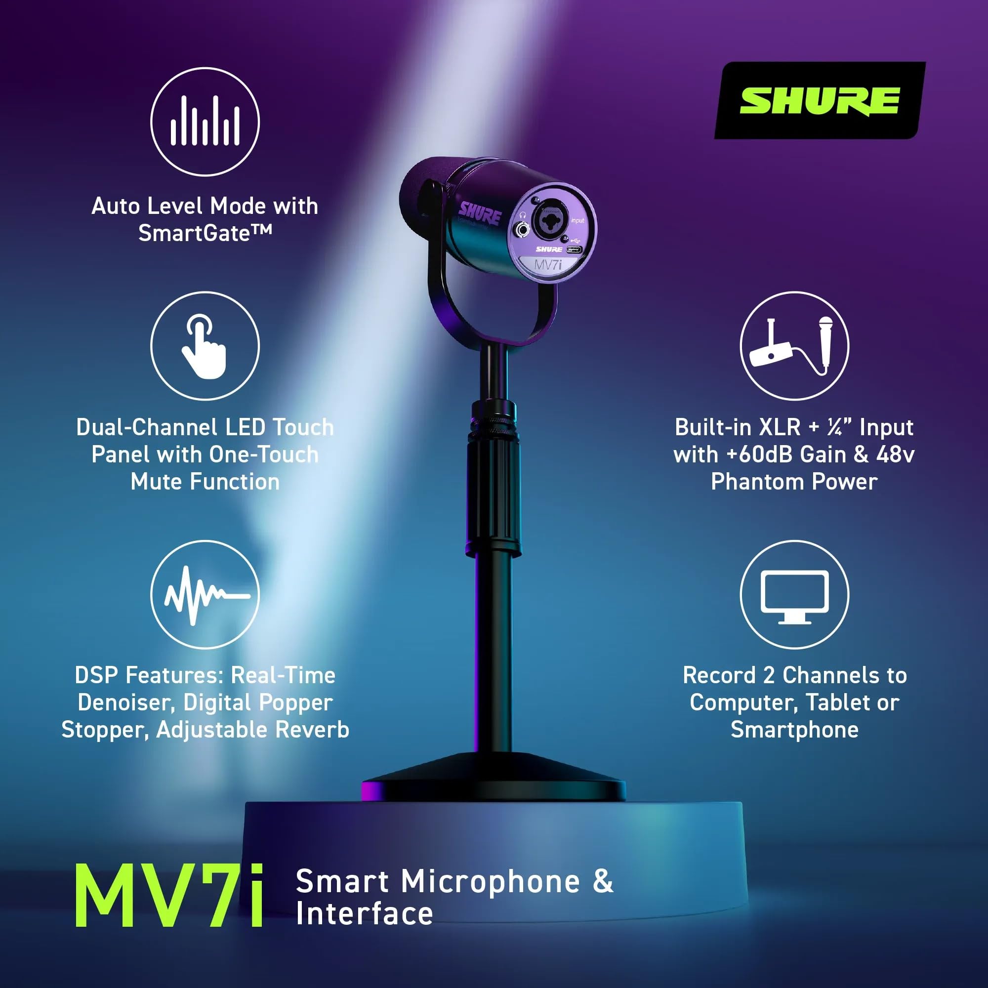Shure Mv7I Smart Microphone With Built In Audio Interface   Podcast & Musician Mic With 2 Channels, Xlr And 1/4'', Usb C For Mac