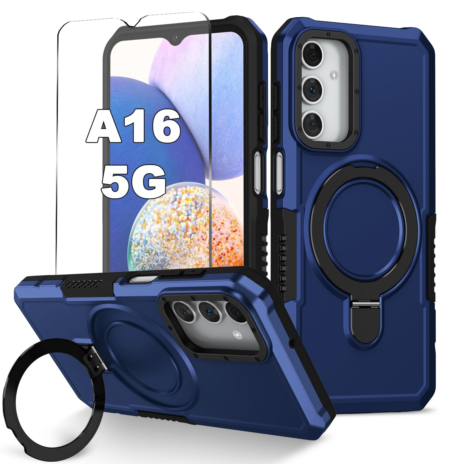 ELECWAY for Samsung Galaxy A16 5G Phone Case 2024 with Screen Protector, 360 Rotating Stand Heavy Protection Cover for Galaxy A 