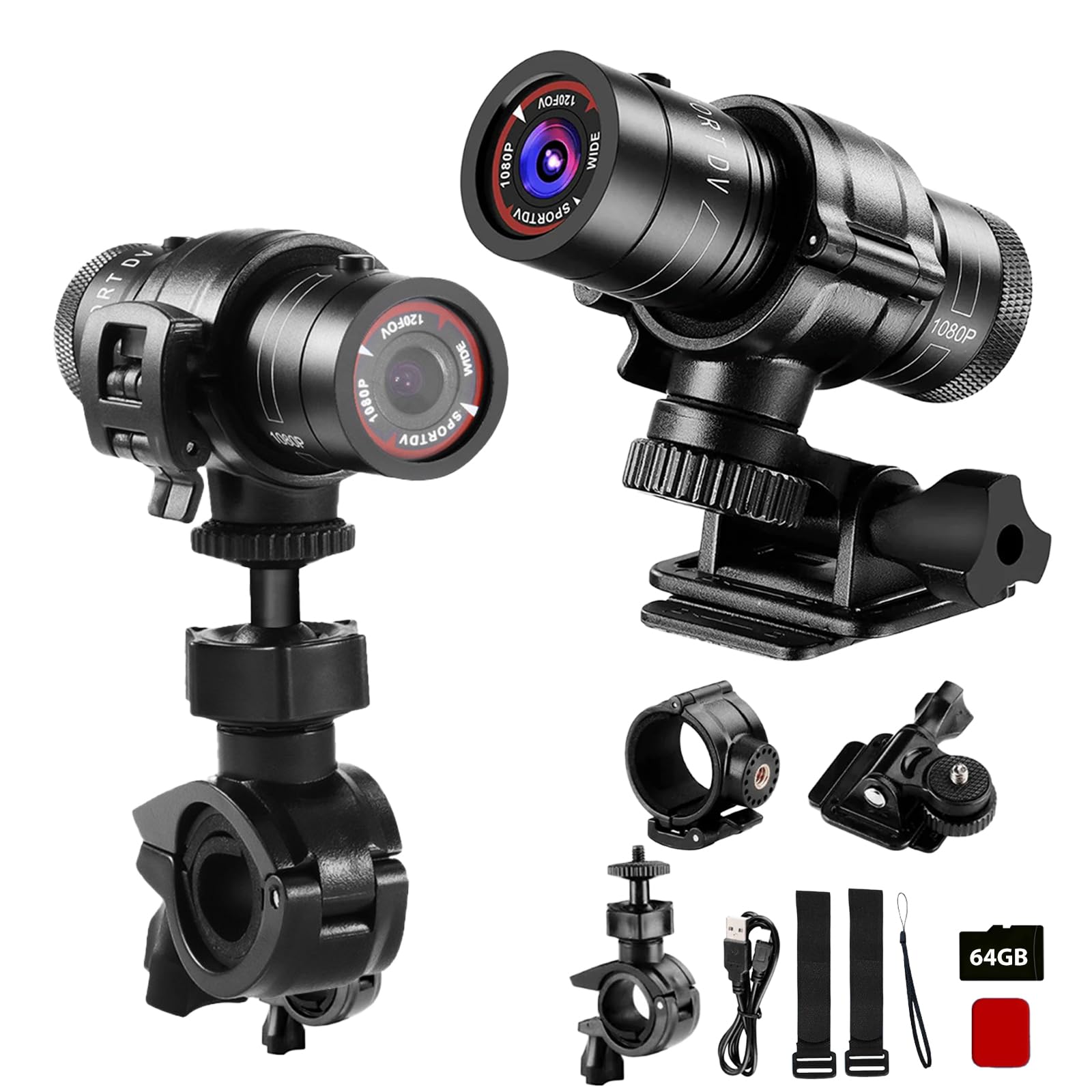 Motorcycle Helmet Camera, HD 1080P Bike Helmet Camera, Mini Action Camera for Cars, Bicycle, Motorbike & Sports Helmet (with 64G