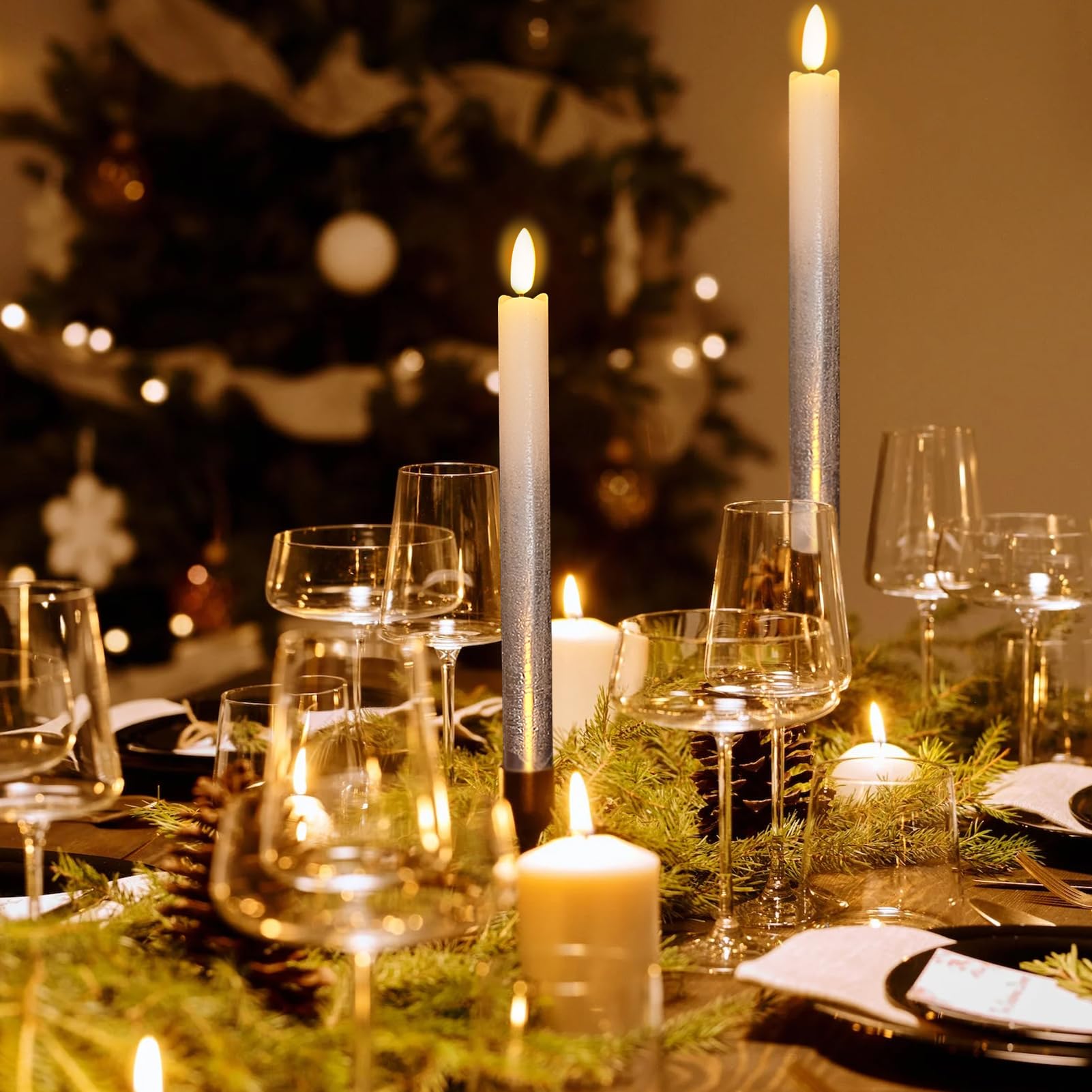 Wondise Flameless Taper Candles With Remote & Timer, 9 Inch Real Wax Silver Battery Operated Led Flickering Candles For Christma