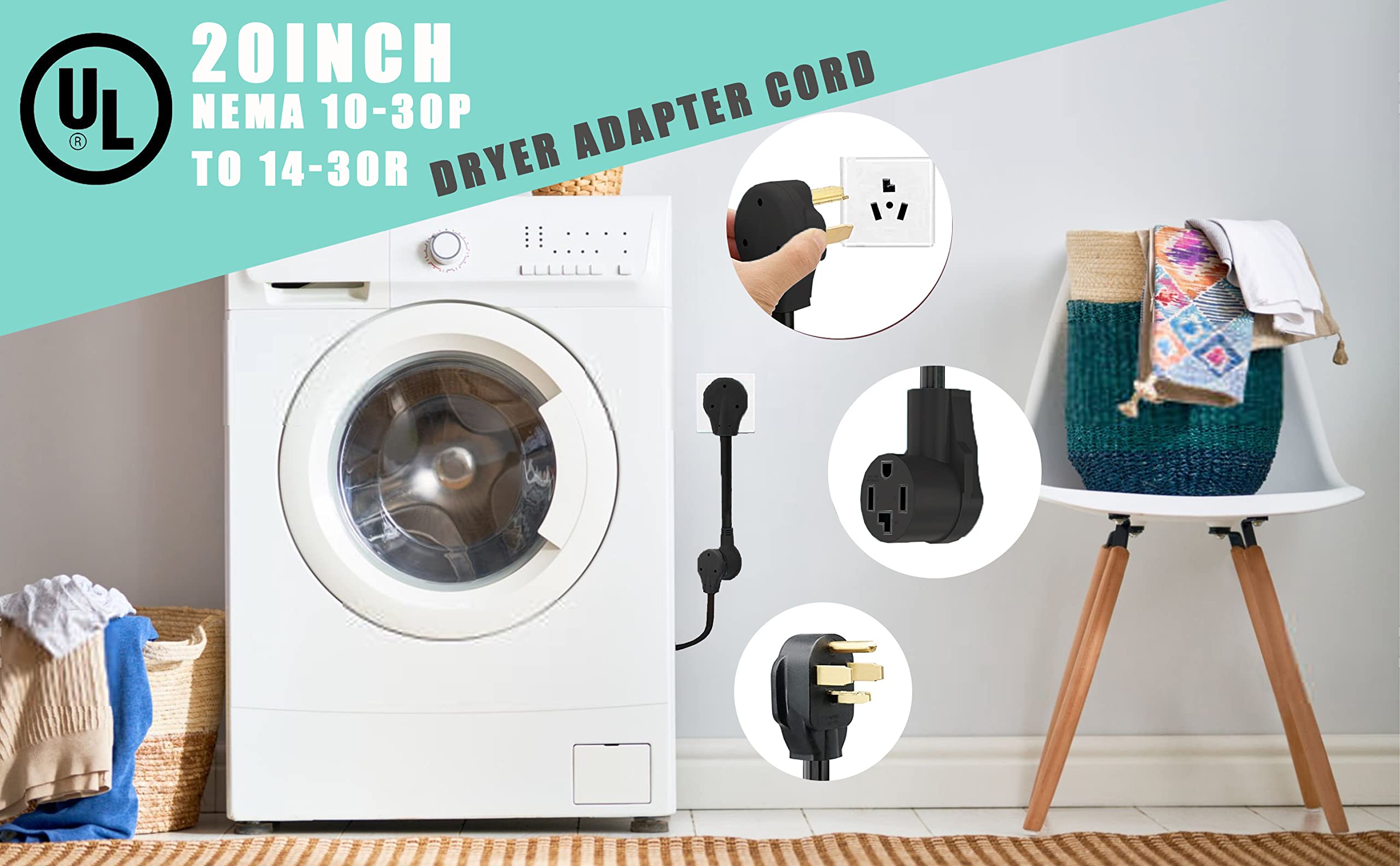 Dryer Plug Adapter 3 To 4 Prong Outlet,Connects 3-Prong Old Dryer To 4 Prong New Dryer Receptacle,30A 125/250V 10Awg Nema 14-30P