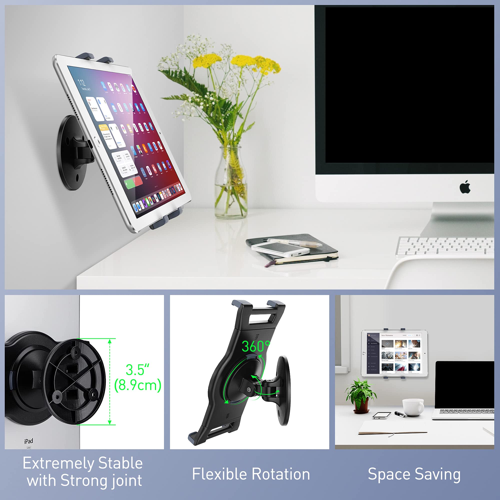 AboveTEK iPad Wall Mount, Swivel 360� Rotating Tablet Holder Two Brackets to Fit 6 13' Tablets, Horizontal/Vertical Tilt iPad Arm for Flexible Viewing Angles in Kitchen Showroom Retail Store (Black)