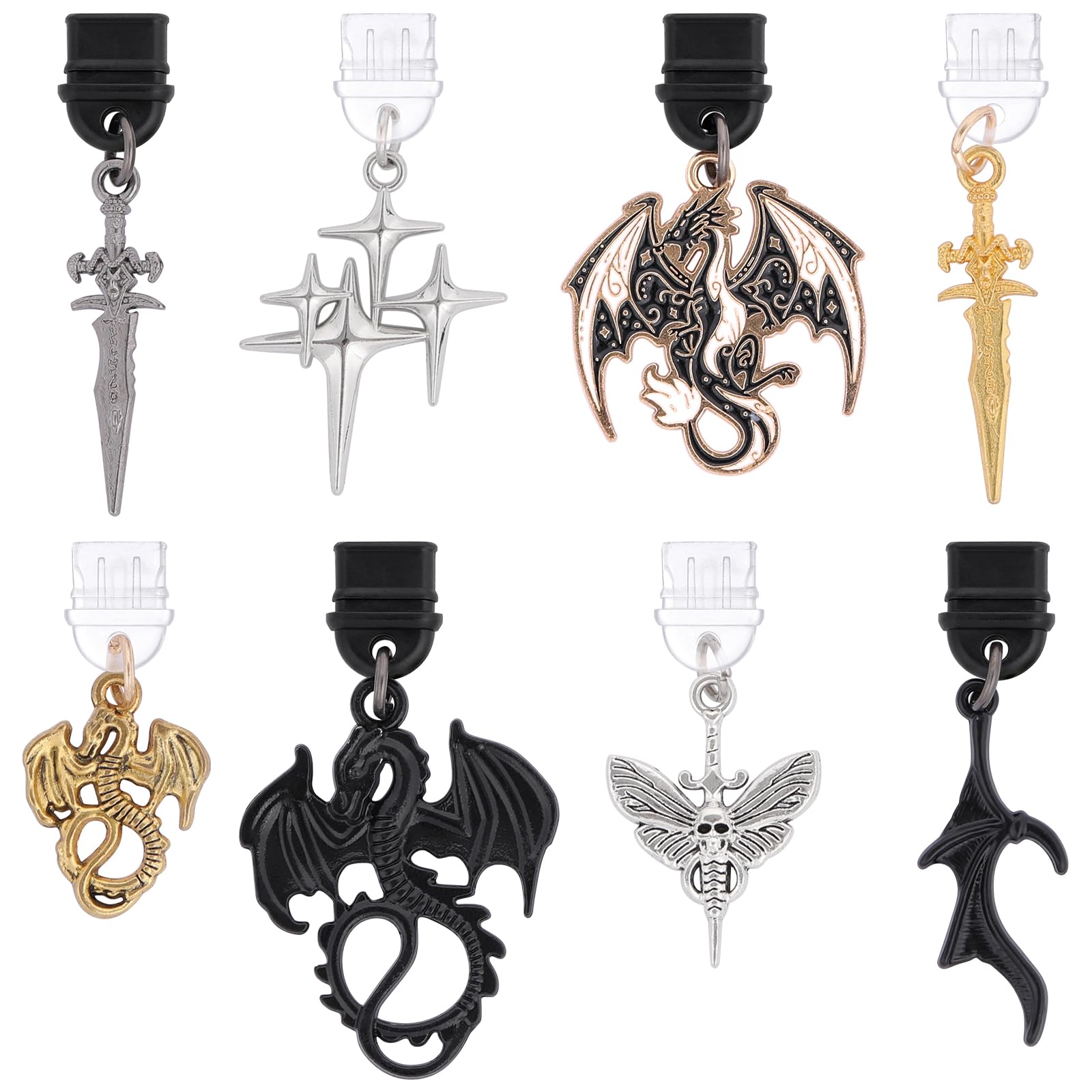 TAKEALOOKO 8 Pack Dust Plug Charms for Kindle - Wyvern Dragon and Dagger Charging Port Cover, Mystical Aesthetic Pendants for Ph