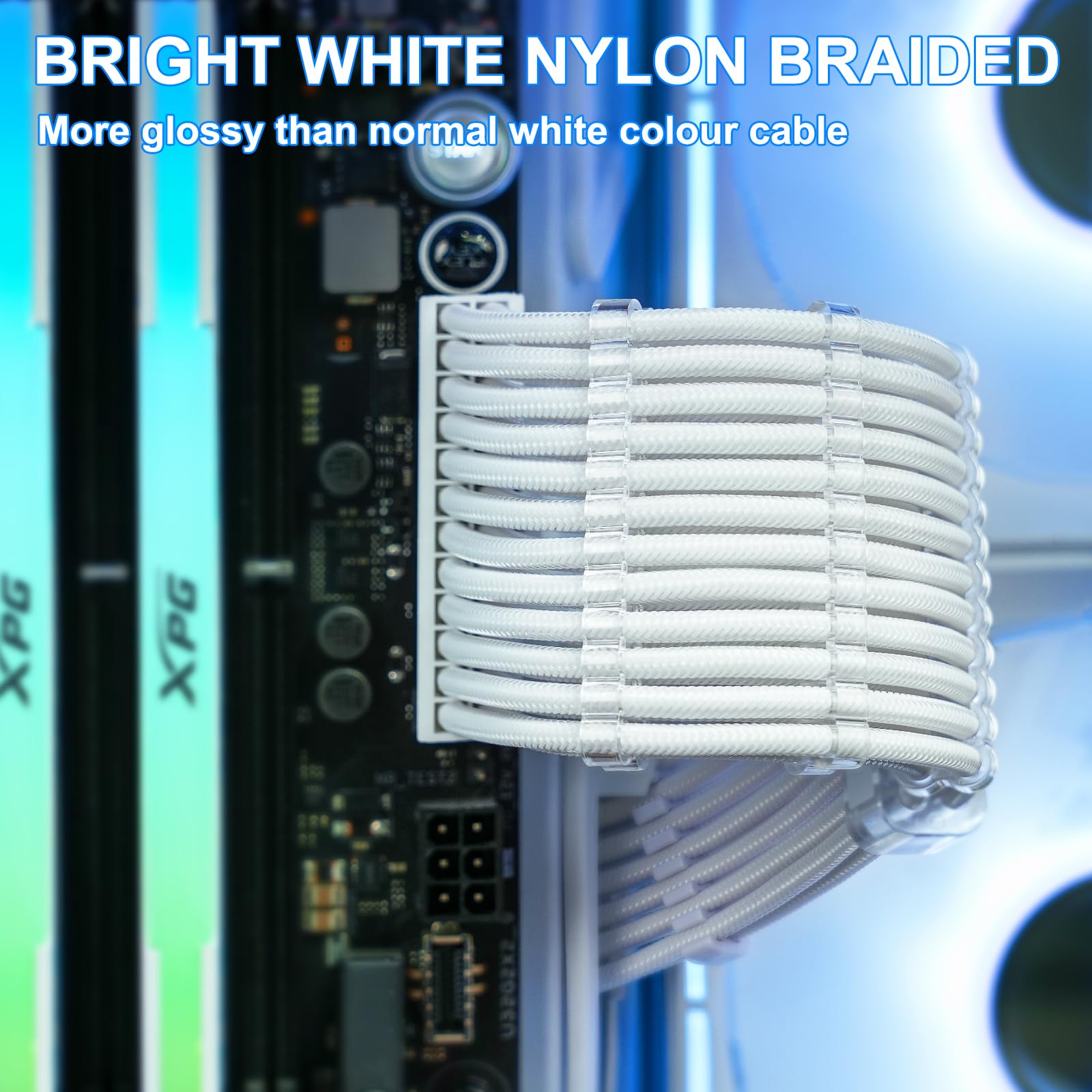 Sirlyr Psu Cable Extension Kit,Bright White Sleeved Pc Cables Extensions Mod,24Pin Atx X1 8Pin Eps X1 8 Pin Pci E X2,Gold Plated