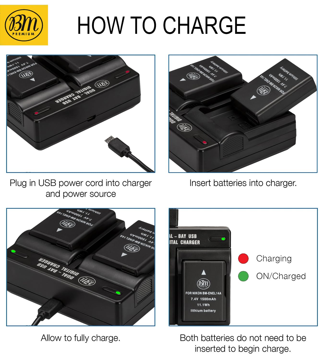 Bm Premium 2 Pack Of En El14A Batteries And Dual Bay Battery Charger For Nikon D3100, D3200, D3300, D3400, D3500, D5100, D5200,