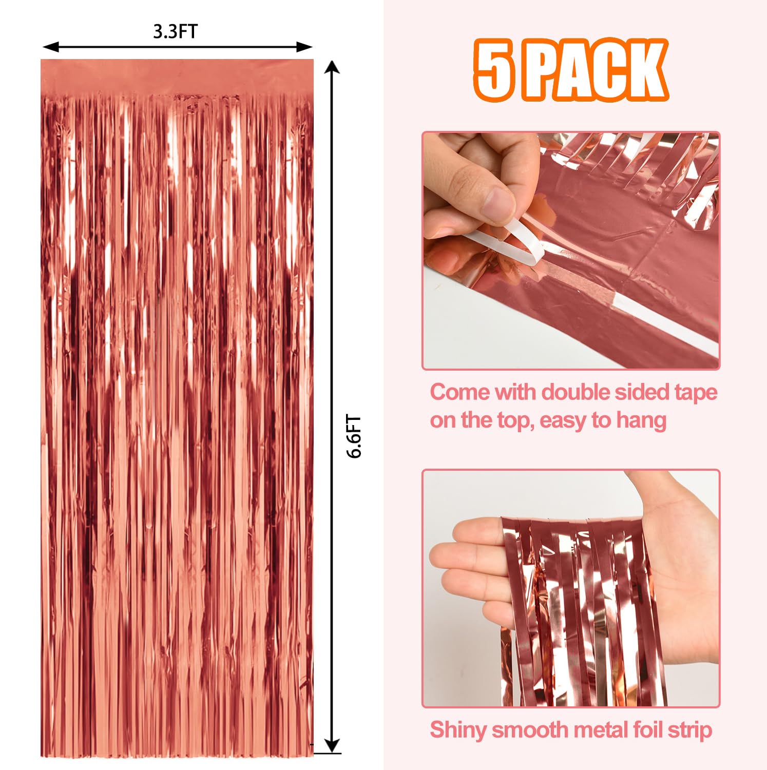 5 Pack Rose Gold Metallic Tinsel Foil Fringe Curtains Party Photo Backdrop Party Streamers For Birthday,Graduation,New Year Eve