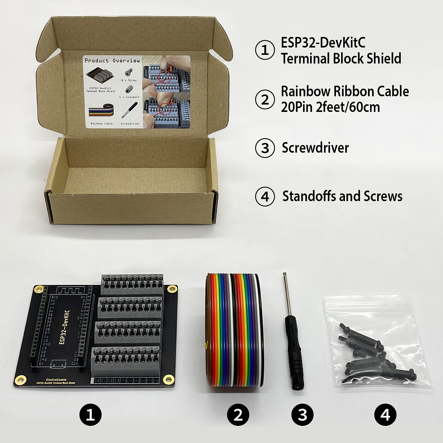 Electrocookie Esp32 Terminal Block Shield Kit, Compatible For Esp32 Devkitc, Push In Simple Spring Connector Expansion Pcb Modul