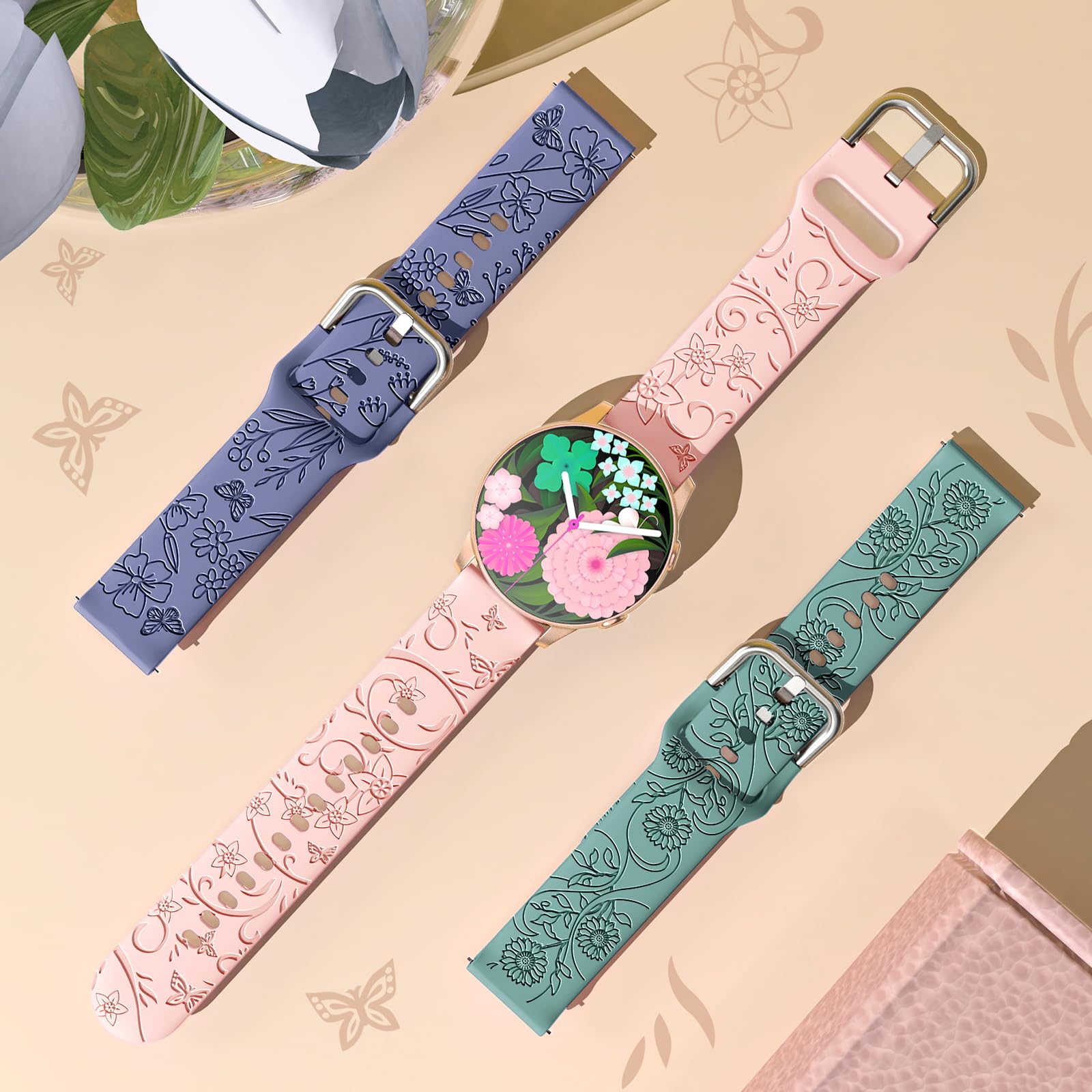 Supernana Floral Design 3 Pack Samsung Galaxy Watch Bands For Women, Elegant Butterfly And Wildflower Engravings, 20Mm Width, Qu