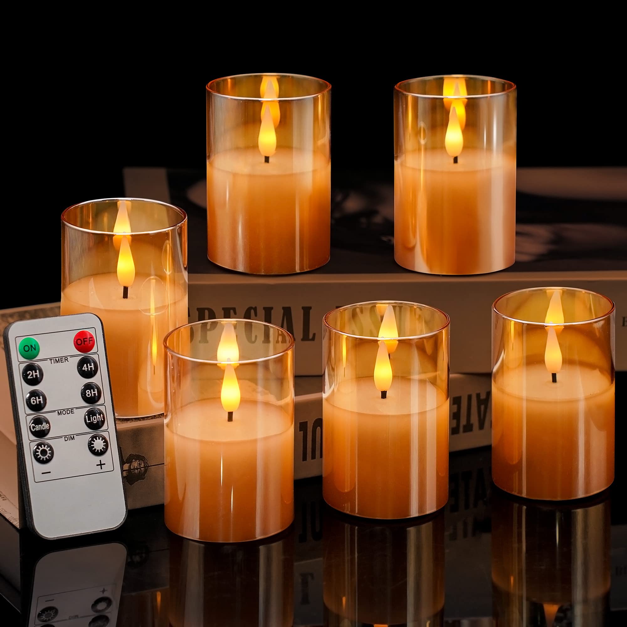 Viodaim 6Pack Glass Flameless Candles With Remote, Real Wax Small Battery Candles, Led Candles Flickering Electric Candles, Flam