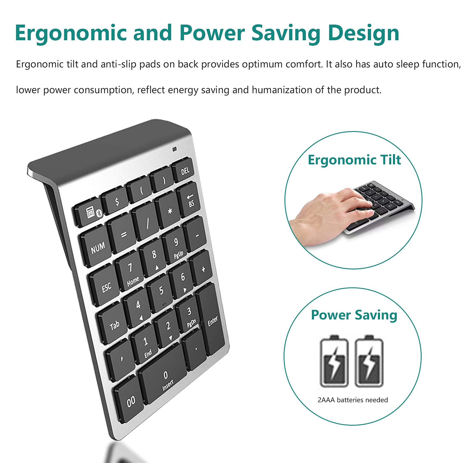 Lekvey Bluetooth Number Pad, 10 Keys Numeric Keypad Portable Wireless Bluetooth Keypad : 28 Key Numpad Extensions For Financial Accounting Data Entry For Laptop Surface Pro Tablets Windows, Silver