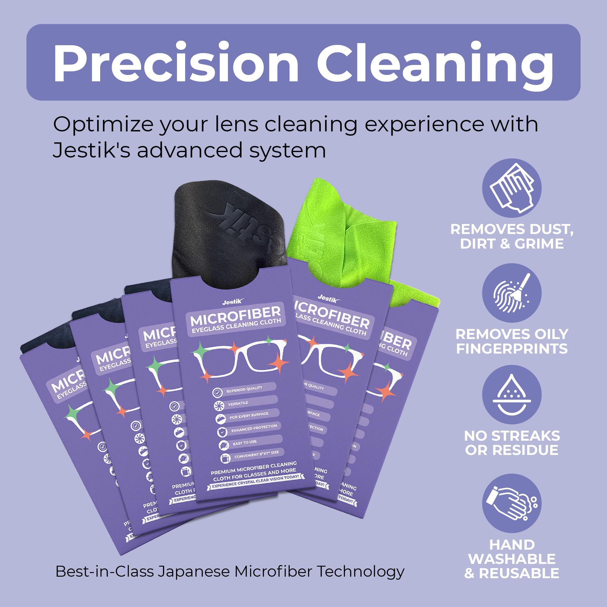 Jestik Microfiber Cleaning Cloth   Japanese Lens Wipes for Eyeglasses, Camera Lenses, Screens & More   Versatile Glasses Cleaner Cloths, Lint Free, Washable (Black/Green   Pack of 6)