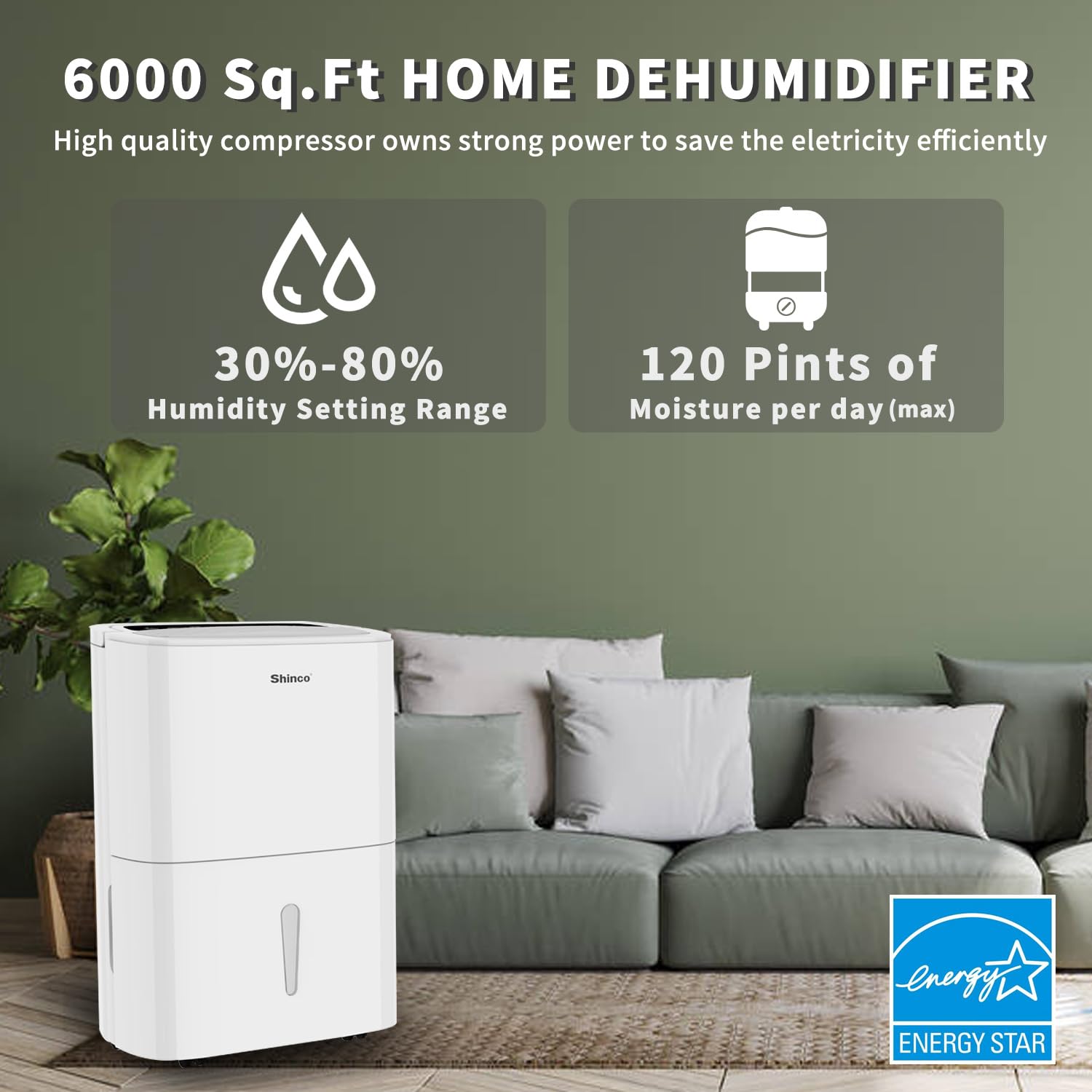 Shinco 6,000 Sq.Ft Energy Star Dehumidifier, Ideal For Large Rooms And Home Basements, Efficient Moisture Removal With Adjustabl