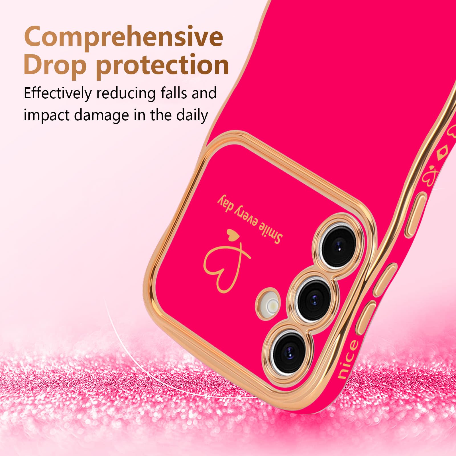 Lchulle For Samsung Galaxy S24 Case For Women Girls, Cute Wave Frame Curly Shape With Love Heart Raised Camera Protection Cover