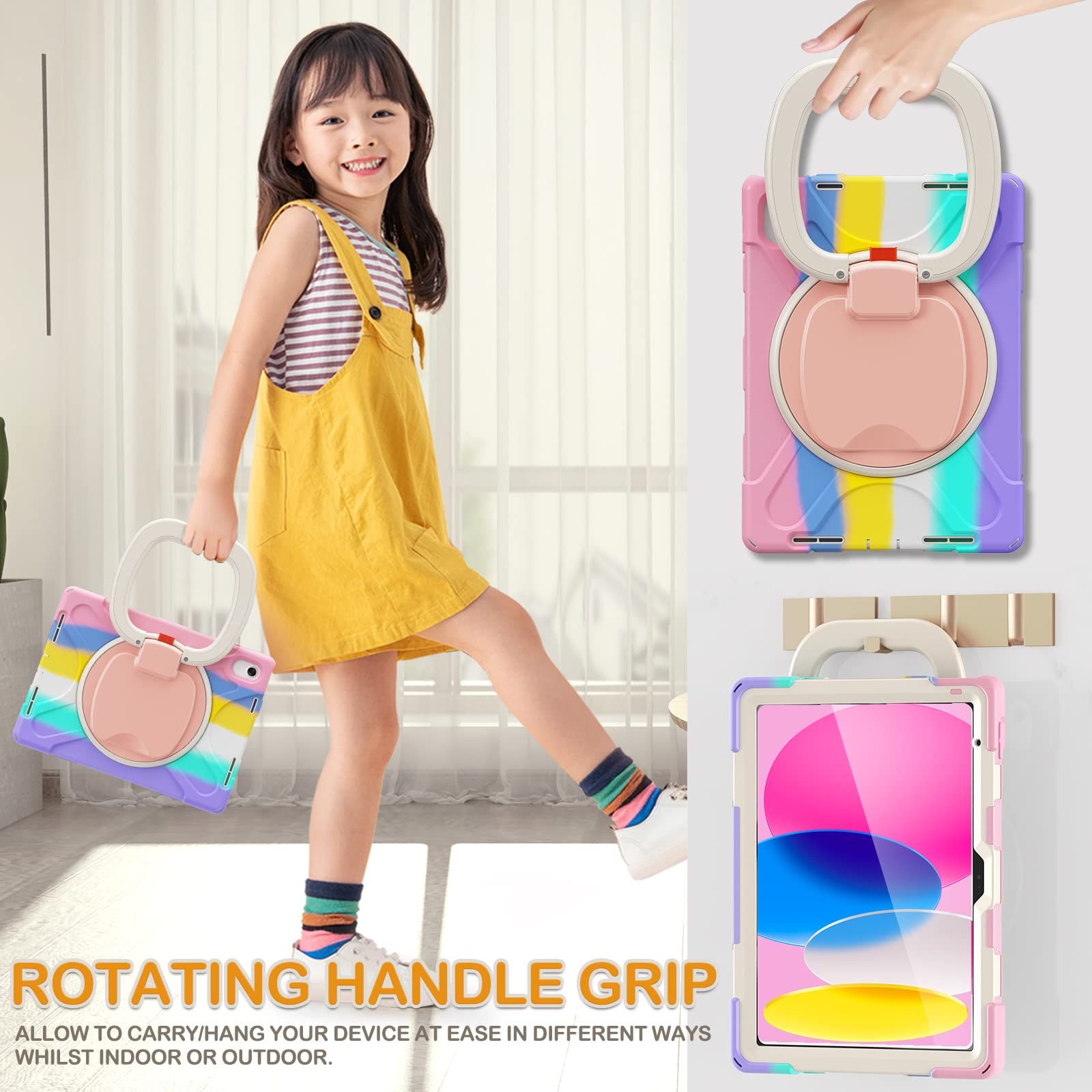 Braecn Kids Case For Ipad 10Th Generation 2022 10.9 A2696 A2757 A2777, Heavy Duty Rugged Silicone Case W/Swivel Ring Stand/Stabl