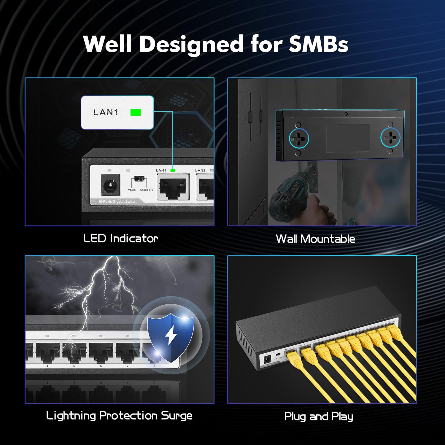 Yulinca 10 Port Gigabit Ethernet Switch, 8 X 100/1000Mbps Ports, 2 Gigabit Uplink, Support Vlan, Metal Fanless Unmanaged Plug An