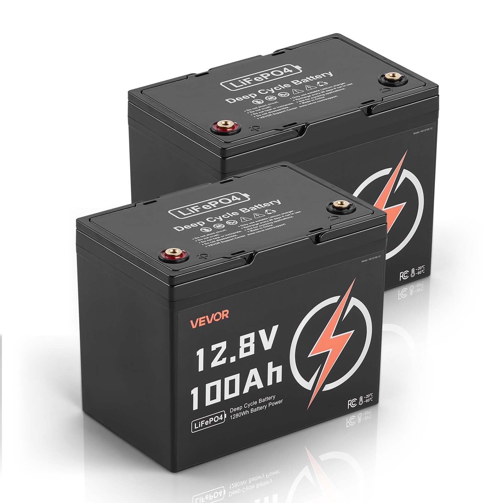 VEVOR 2 Pack 12V 100Ah LiFePO4 Battery, Up to 15000 Cycles, Deep Cycle Lithium Iron Phosphate Battery with Built-in BMS, Low Tem