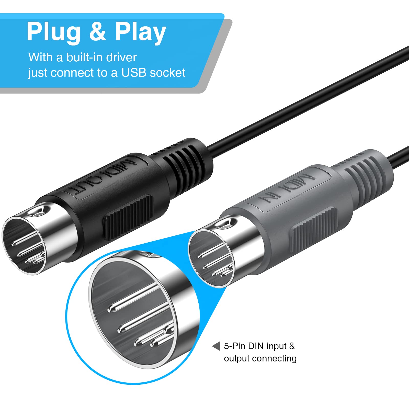 Lekato Usb Midi Cable, Midi Usb Interface With Input & Output Connecting Piano Keyboard/Synthesizer For Editing & Recording Prof