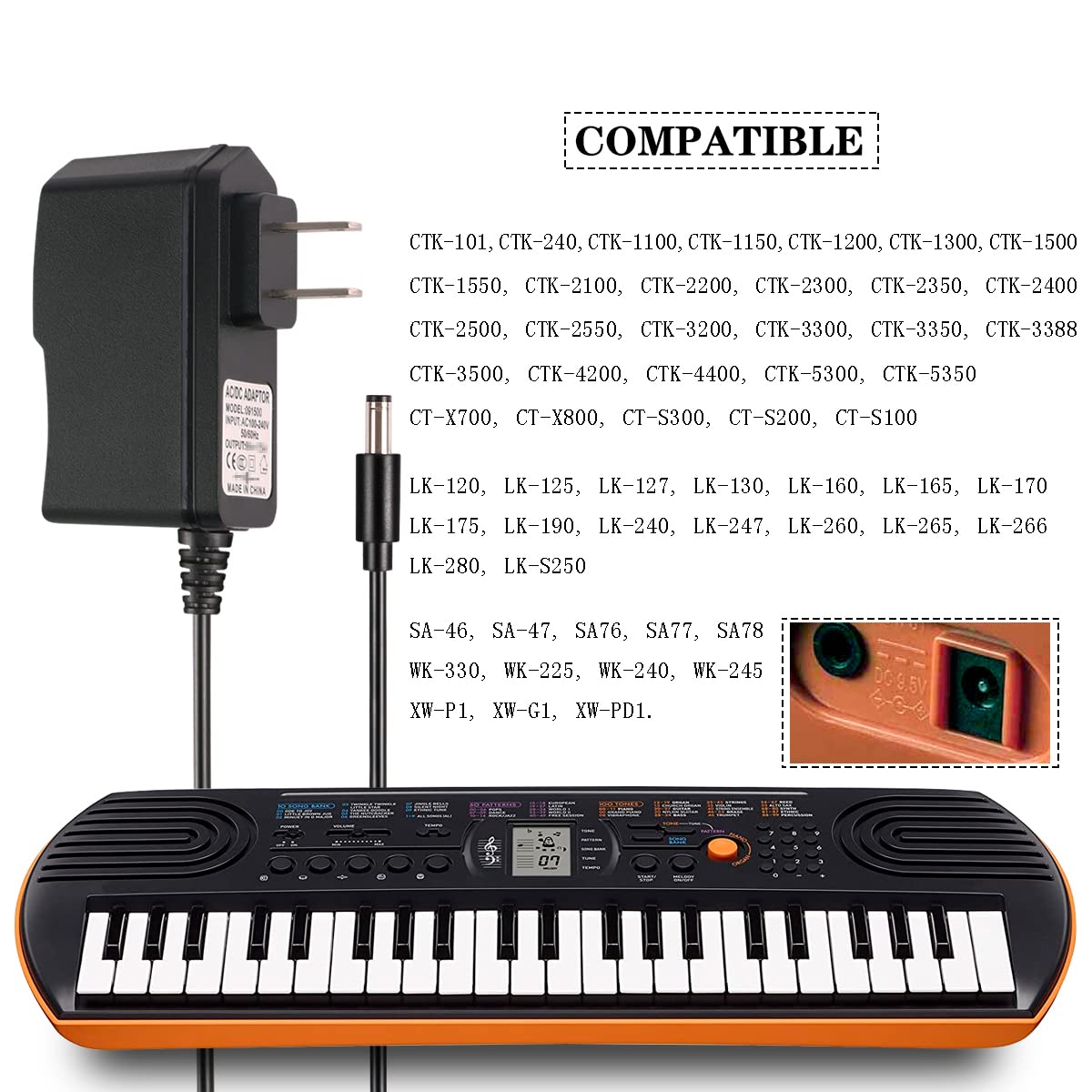 9.5V 1A Ac/Dc Power Supply Adapter For Casio Piano Keyboard Ade95100Lu/B Sa 46 Sa 47 Sa76 Sa 77 Sa 78 Ctk 2080 Ctk 2550 Ctk 3200 Ctk 3500 Lk 265 Lk 280 Ct X700 Ct X800 Ct S300 Charger Cable (6 Ft)