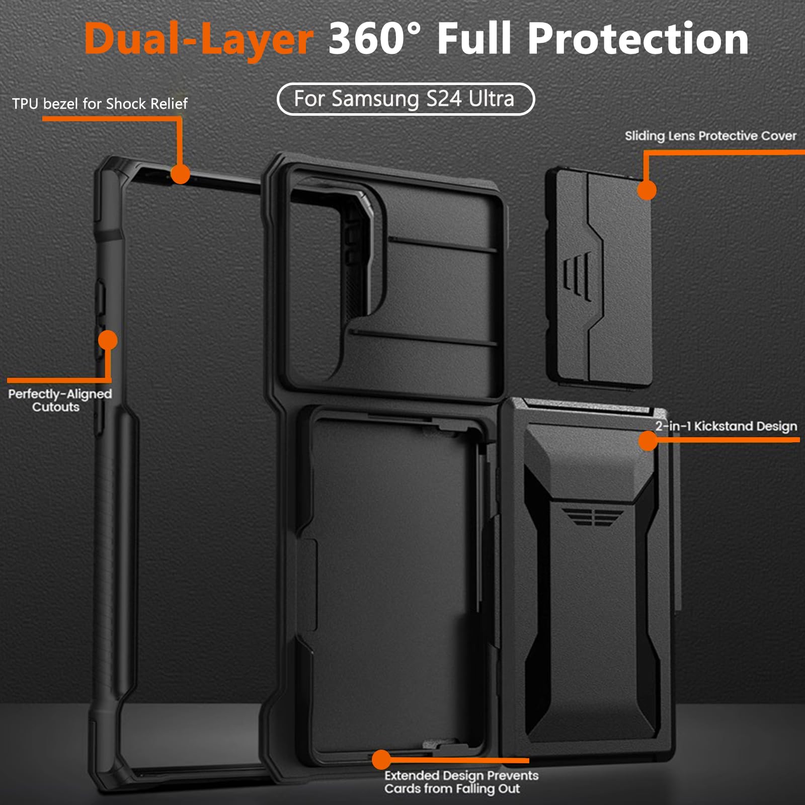 Ninki Galaxy S24 Ultra Case, Compatible 5G Phone Wallet With Camera Cover, Card Holder & Stand, Black