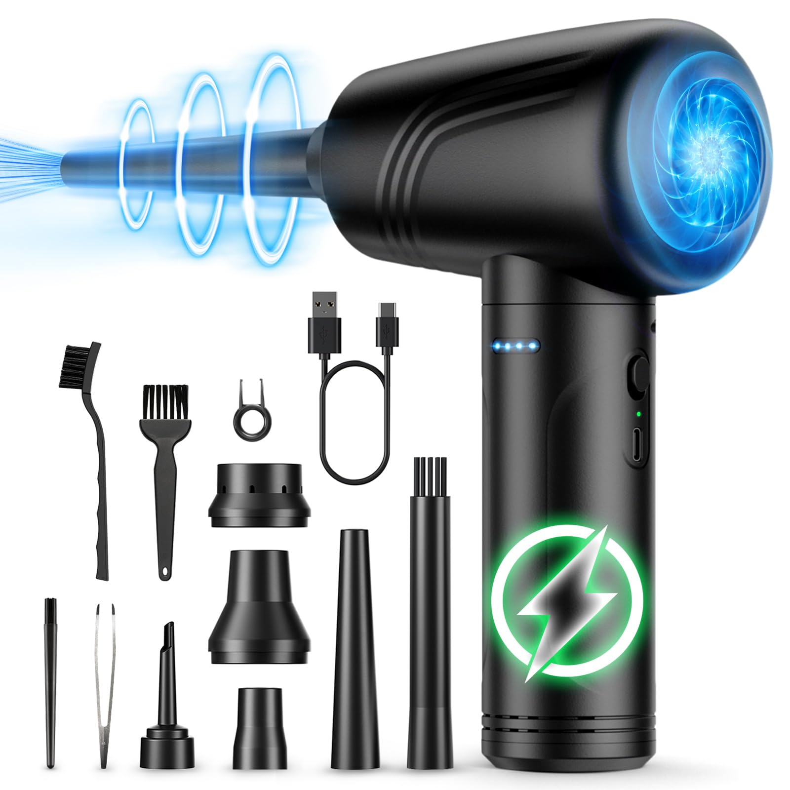 Bankky 11 In 1 Compressed Air Duster, 3 Gear Adjustable 120000 Rpm Electric Air Duster With Led Light, Reusable No Canned Keyboa