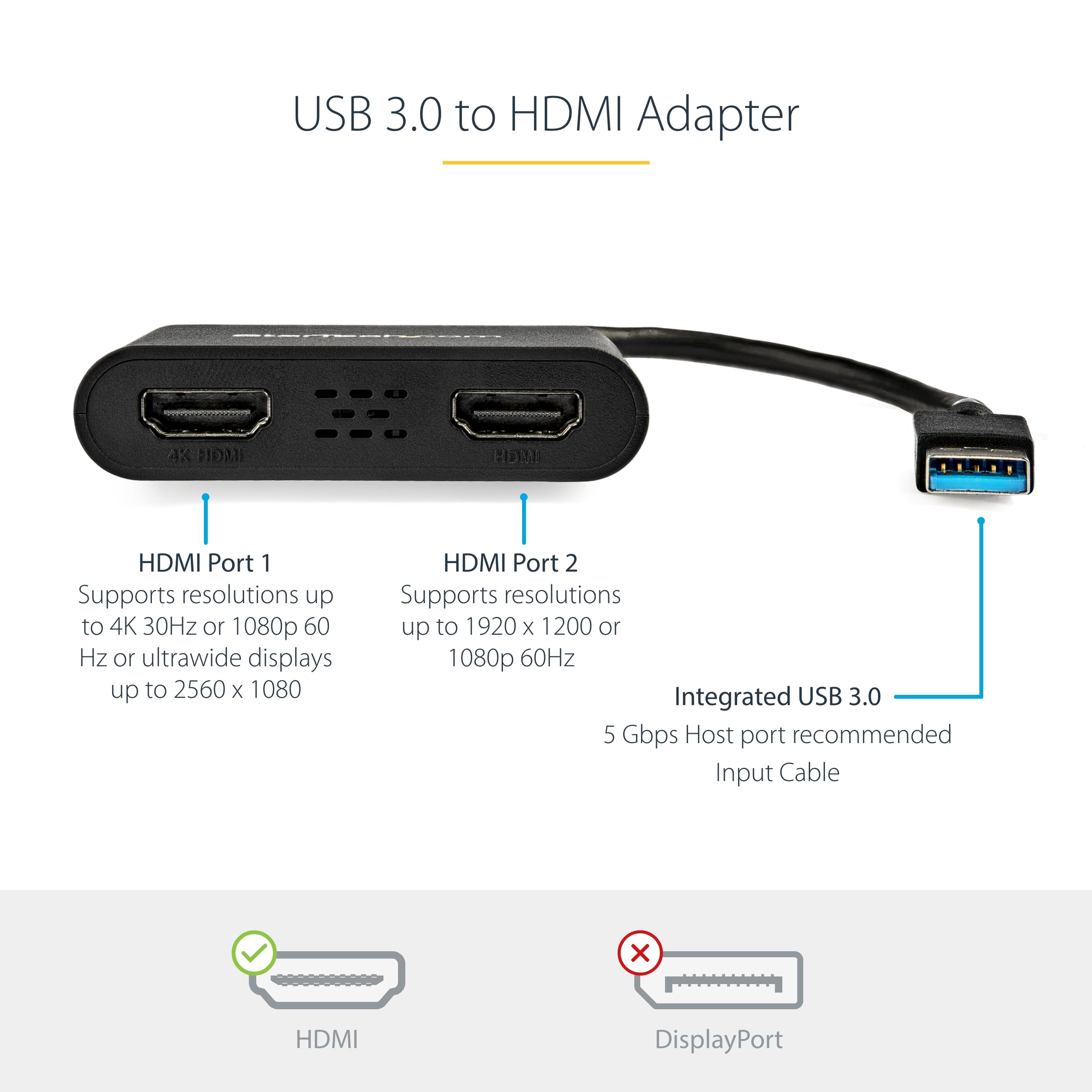 Startech.Com Usb 3.0 To Dual Hdmi Adapter   1X 4K 30Hz & 1X 1080P   External Video & Graphics Card   Usb Type A To Hdmi Dual Mon