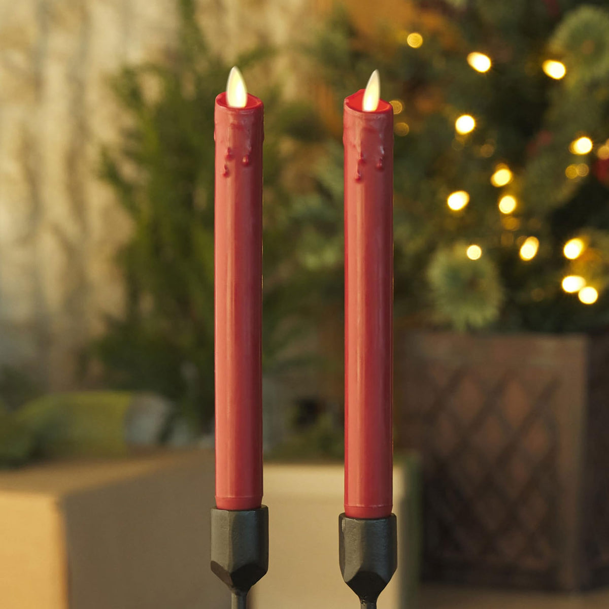Luminara Burgundy Set Of 2 Wax Drip Flameless Candle Tapers (1 X 9.5 Inch), Moving Flame Led Candle Unscented Real Wax With Drip