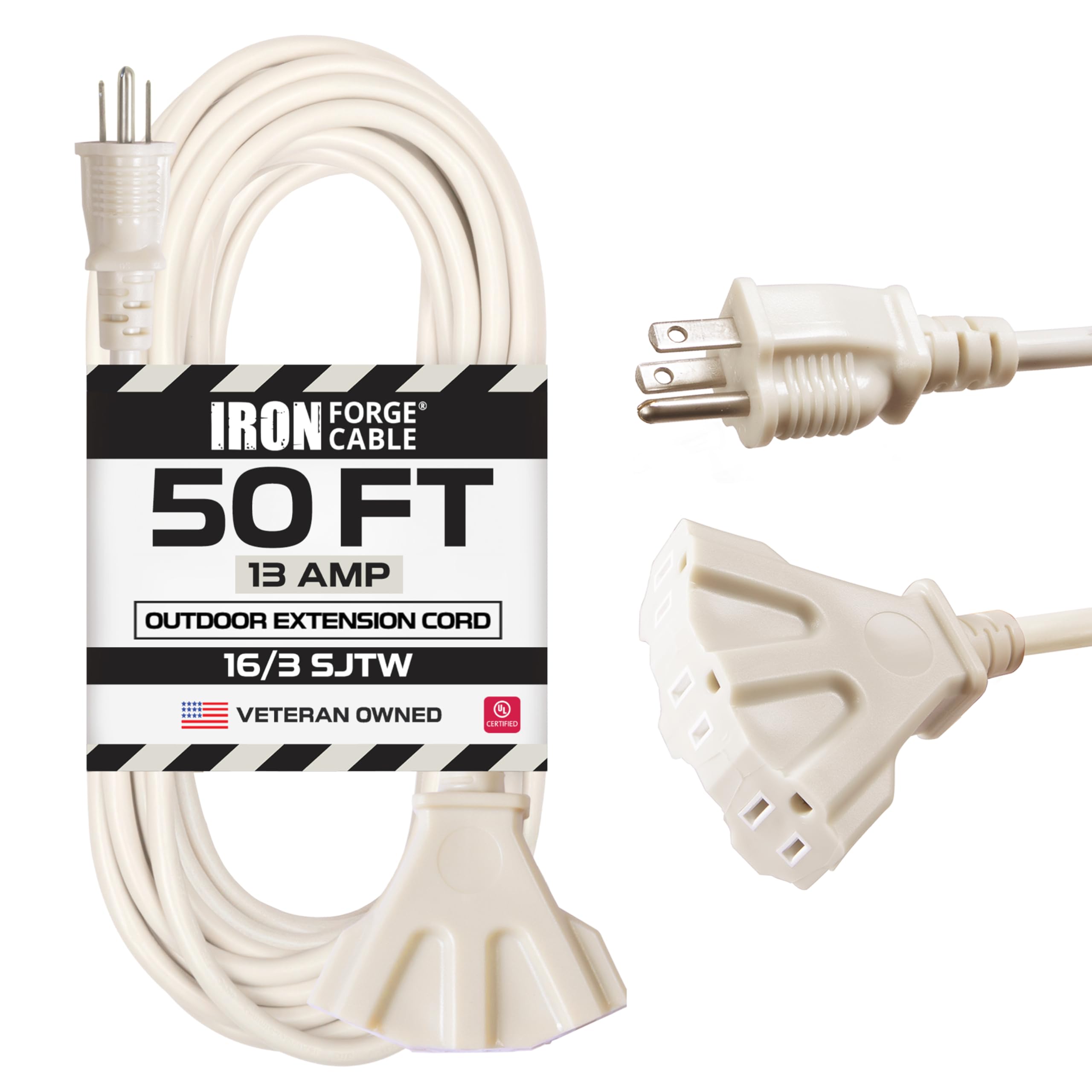 Iron Forge Cable 50 Ft Beige Outdoor Extension Cord With 3 Outlets   16/3 Sjtw 50Ft Extension Cord 3 Prong, 13 Amp All Weather H