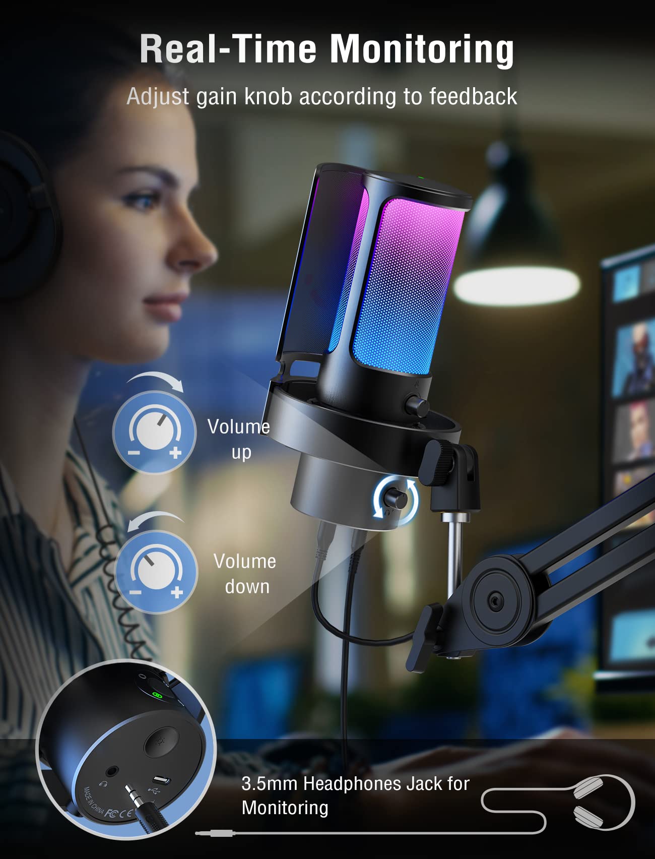 Fifine Gaming Usb Microphone, Pc Computer Mic With 4 Polar Patterns For Podcast Streaming Recording Youtube, Rgb Condenser Deskt