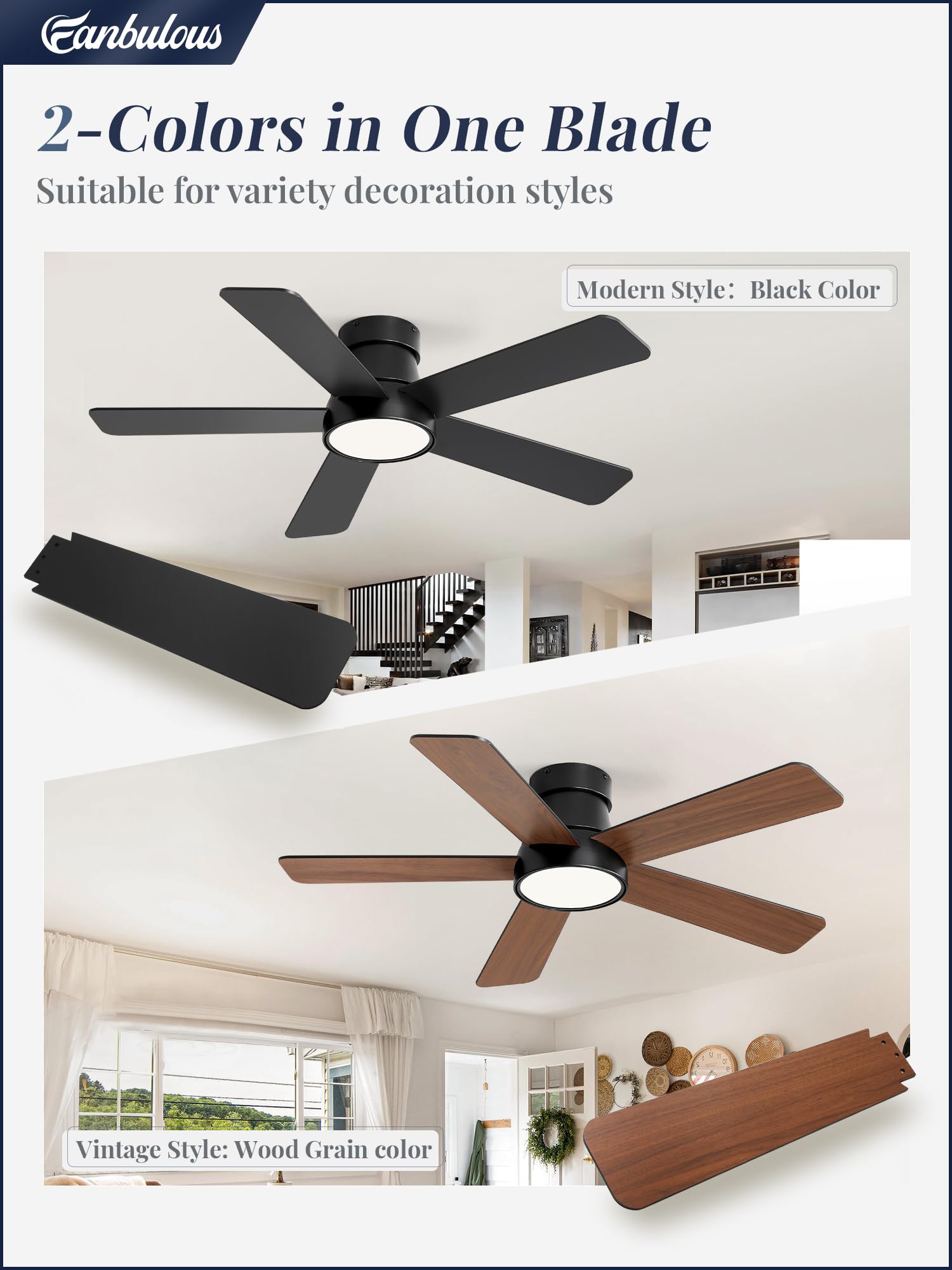 Fanbulous 42 Inch Ceiling Fans With Lights And Remote,Outdoor Indoor Modern Flush Mount Ceiling Fan With 3Cct 6 Speed Quiet Dc M