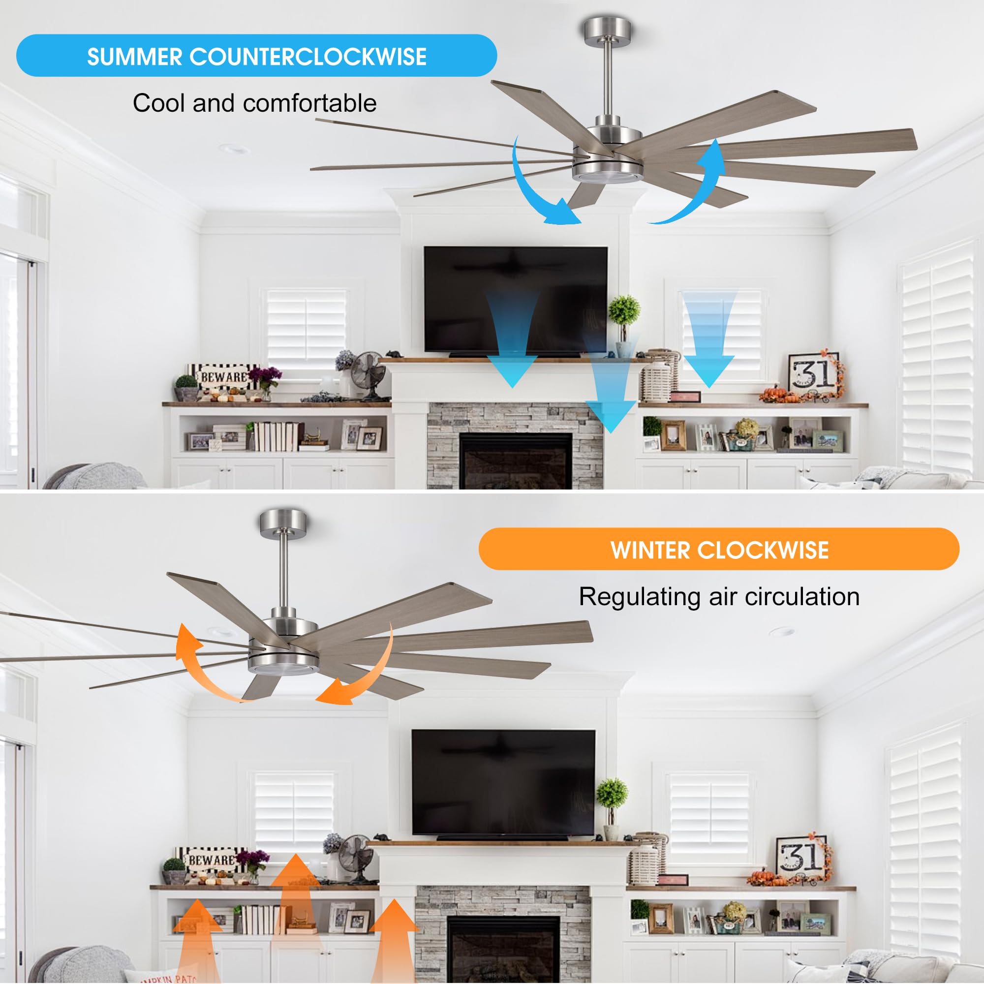 Elehinser 72'' Ceiling Fan No Light, 6 Speed Noiseless Reversible Dc Motor, 9 Blades Industrial Ceiling Fan With Remote And 4.5'