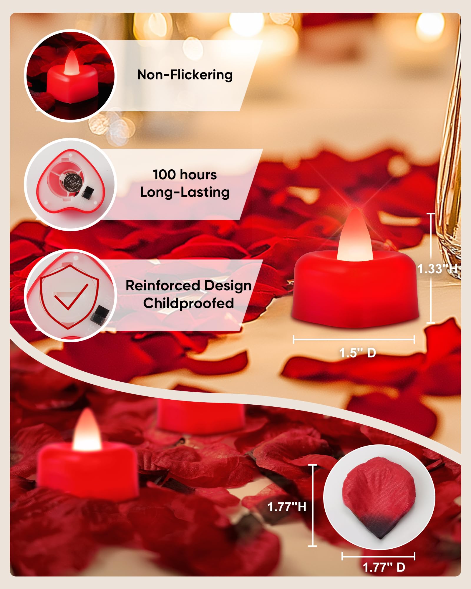 Amagic 1000 Pieces Red Artificial Rose Petals With 12 Red Heart Led Tea Lights, Rose Petals And Candles Set For Proposal, Annive