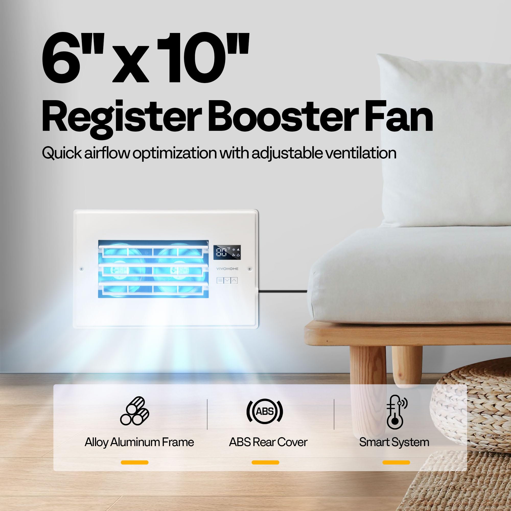 Vivohome 6 ' ' X 10 ' ' Opening Register Booster Fan With Adjustable Wind Direction Louver, Smart Intelligent Thermostat & 10-Sp