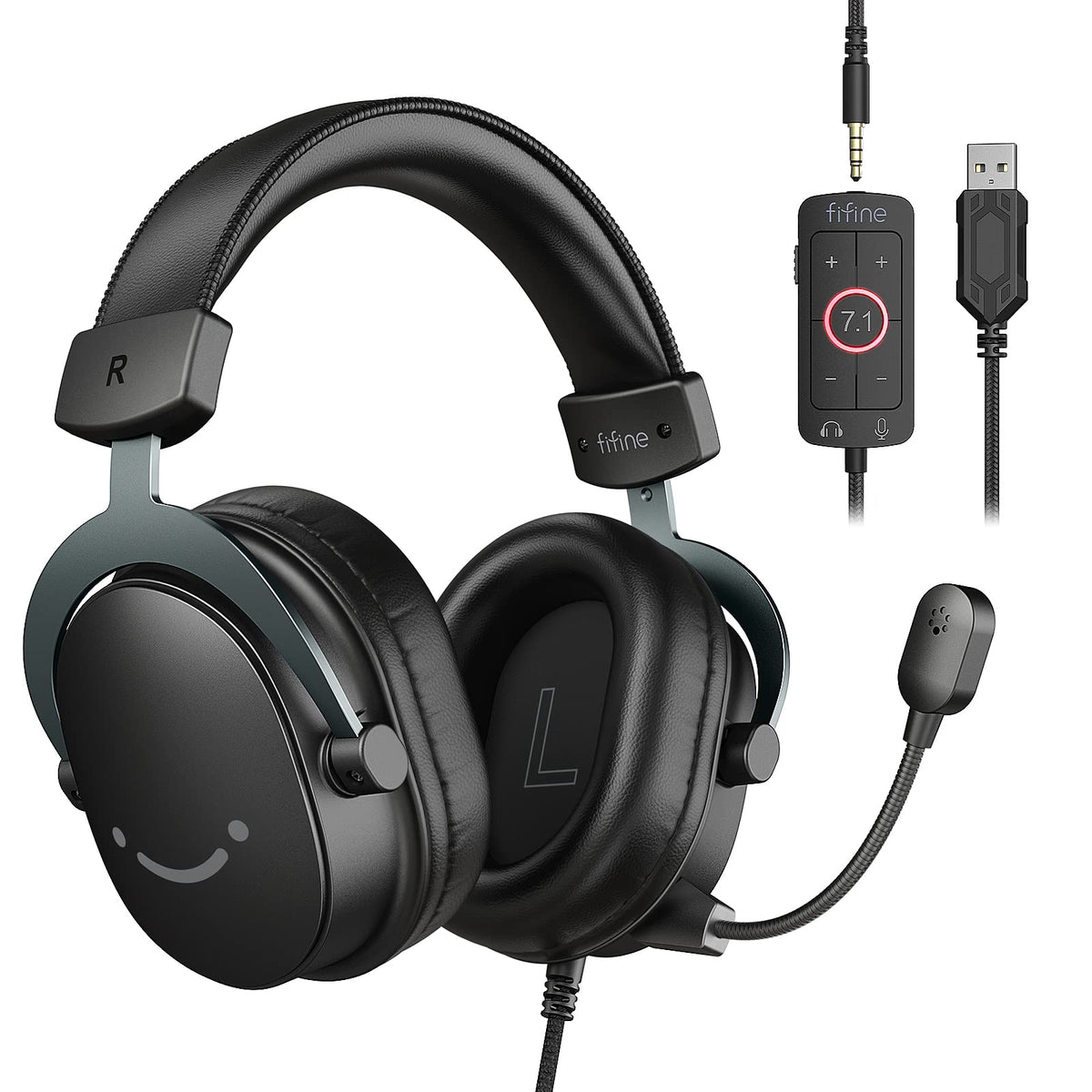 Fifine Pc Gaming Headset, Usb Headset With 7.1 Surround Sound, Detachable Microphone, Control Box, 3.5Mm Headphones Jack, Over E