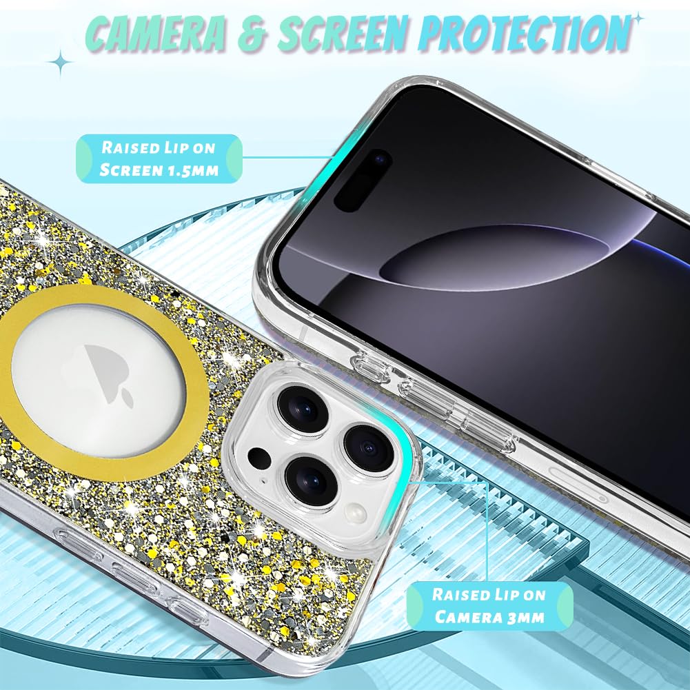 Bonoma For Iphone 16 Pro Max Case, Gold Glitter Bling Back, Magnetic Support For Magsafe Shockproof Case, Crystal And Clear High
