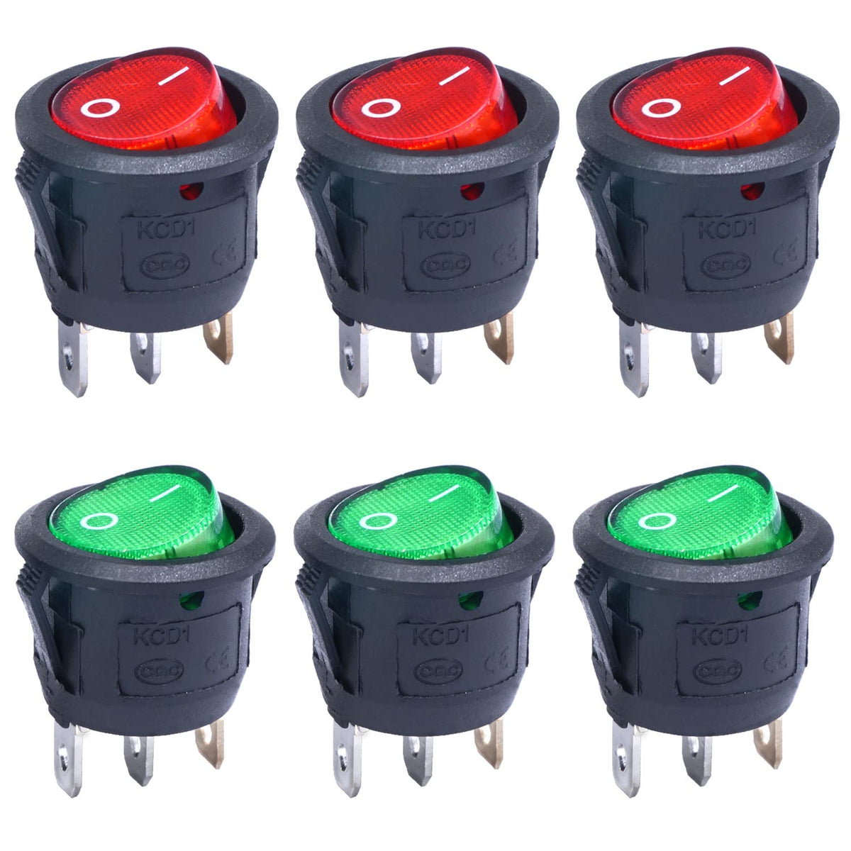 Twidec/6Pcs Round Rocker Switch Ac 6A 125V 10A 250V Spst 3 Pins 2 Position On/Off Red And Green Led Light Illuminated Round Boat