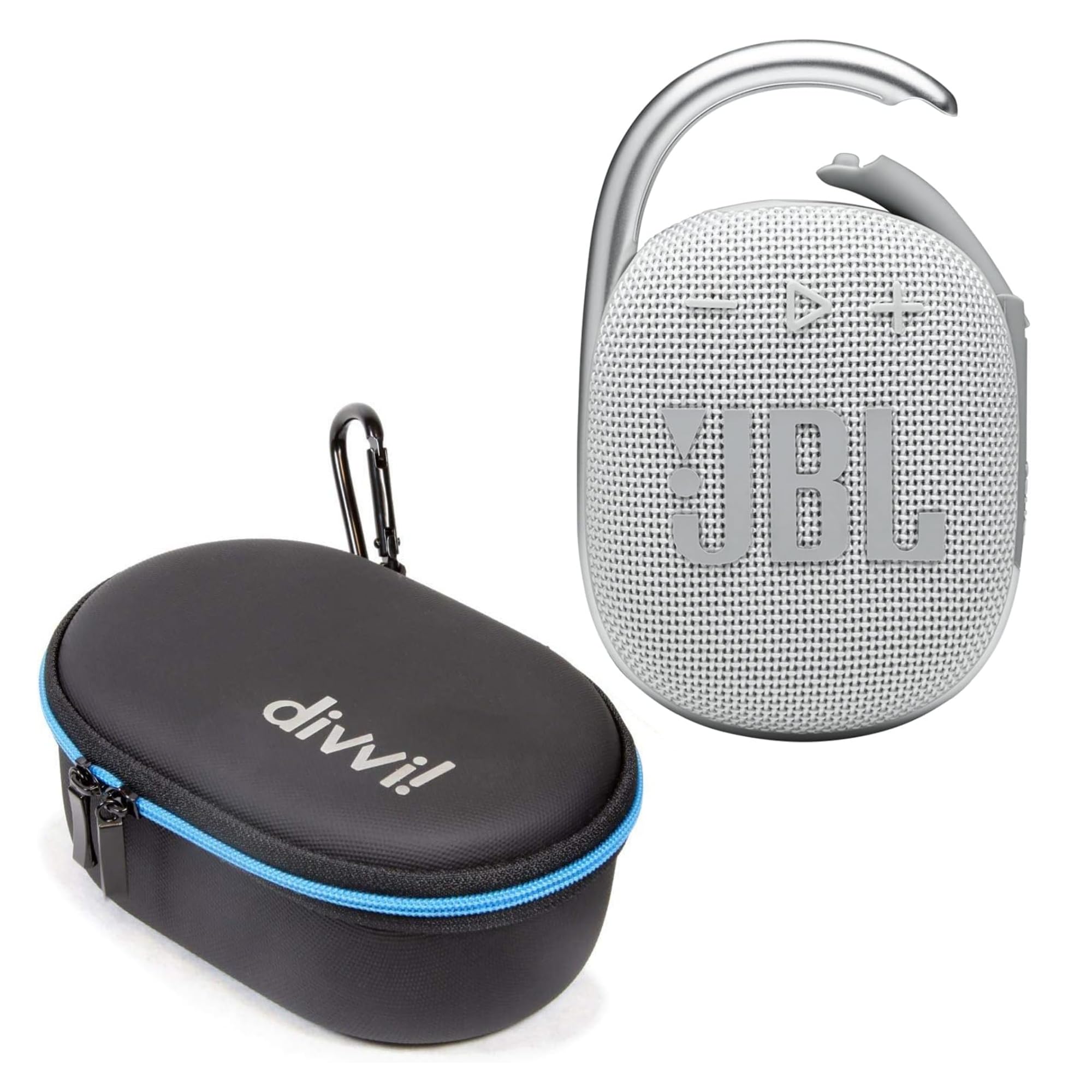 JBL Clip 4 Portable Bluetooth Speaker (White) + Bundle with divvi! Protective Hardshell Case (Black)
