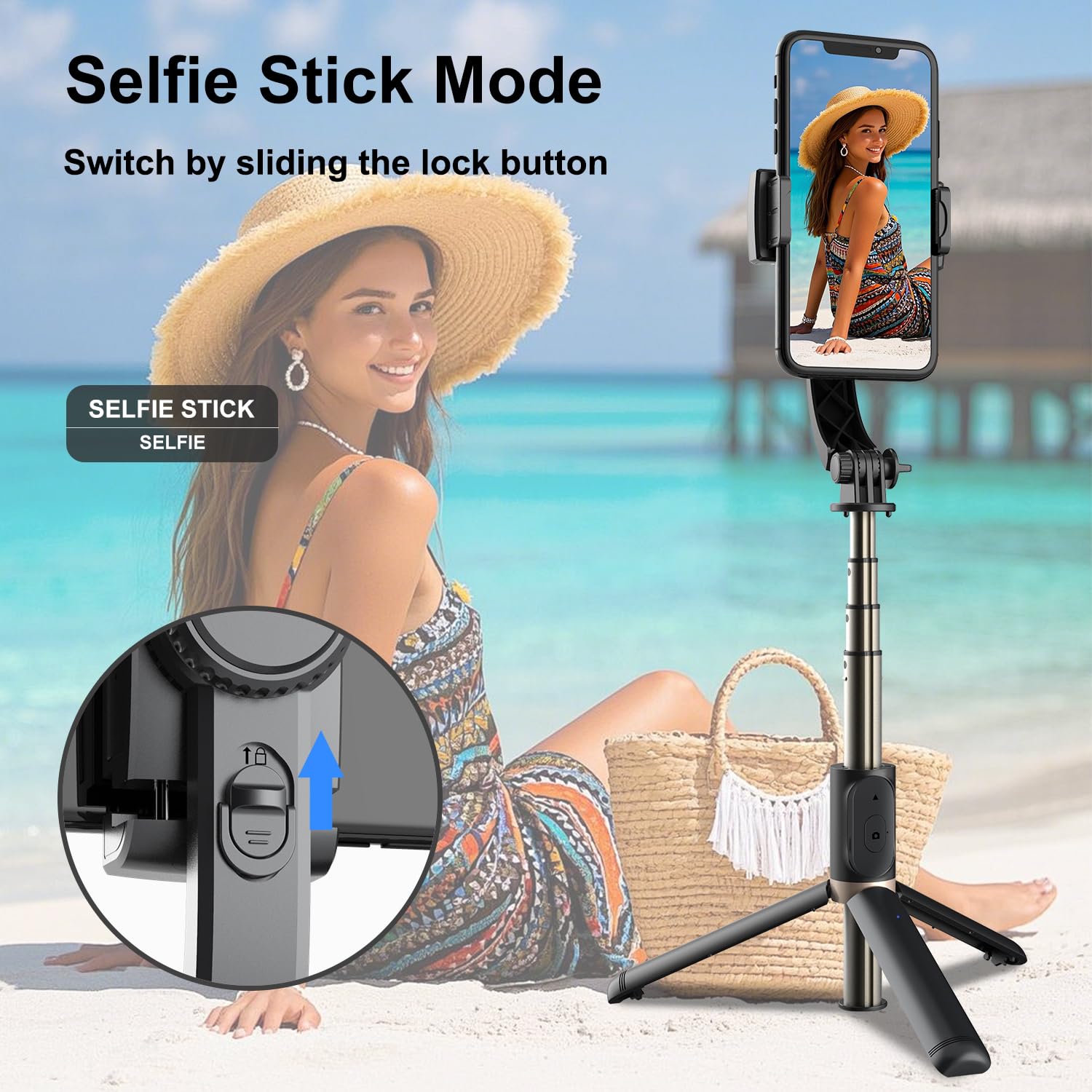 Selfie Stick Tripod With Gimbal Stabilizer For Phone, 360 Auto-Balance 1-Axis Rotation, Remote Control, Portable For Vlogging, T
