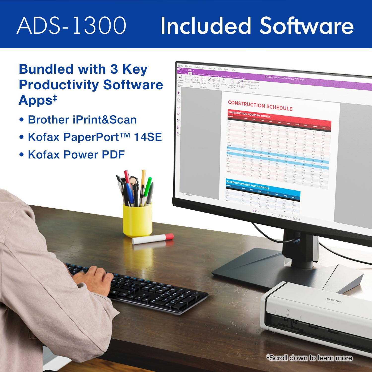Brother Ads 1300 Compact Desktop Scanner | Scan Speeds Of Up To 30Ppm | Single Pass Double Sided Scanning