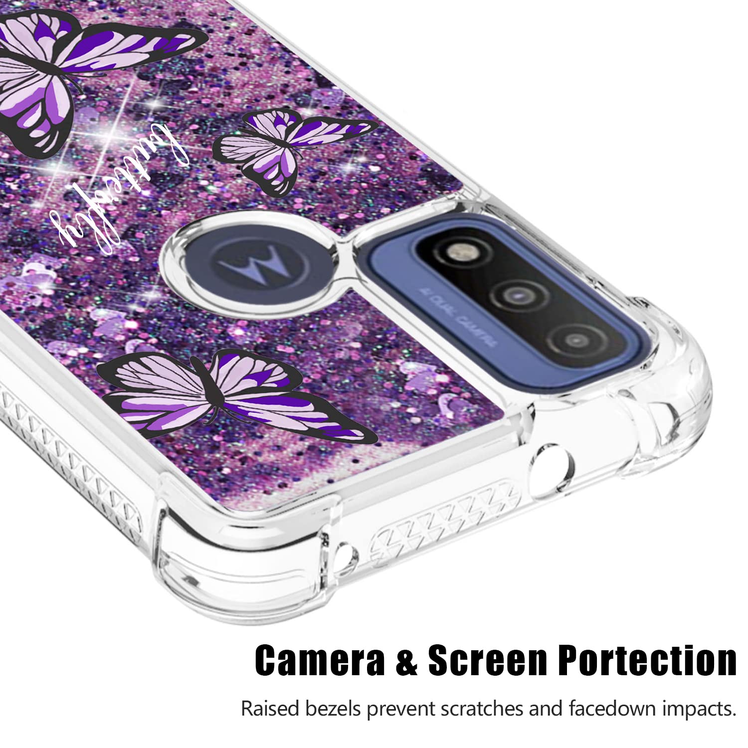 Caiyunl For Moto G Pure Case, Moto G Power 2022 Case With Glass Screen Protector, Women Girls Glitter Bling Floating Liquid Spar