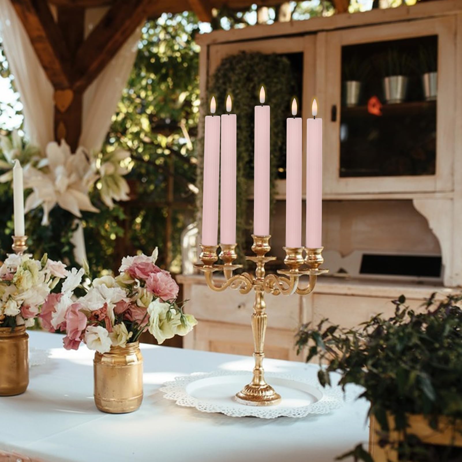 Dromance Pink Flameless Flickering Taper Candles Battery Operated With 10 Key Remote And Timer 6 Packs 3D Wick Vertical Stripe R