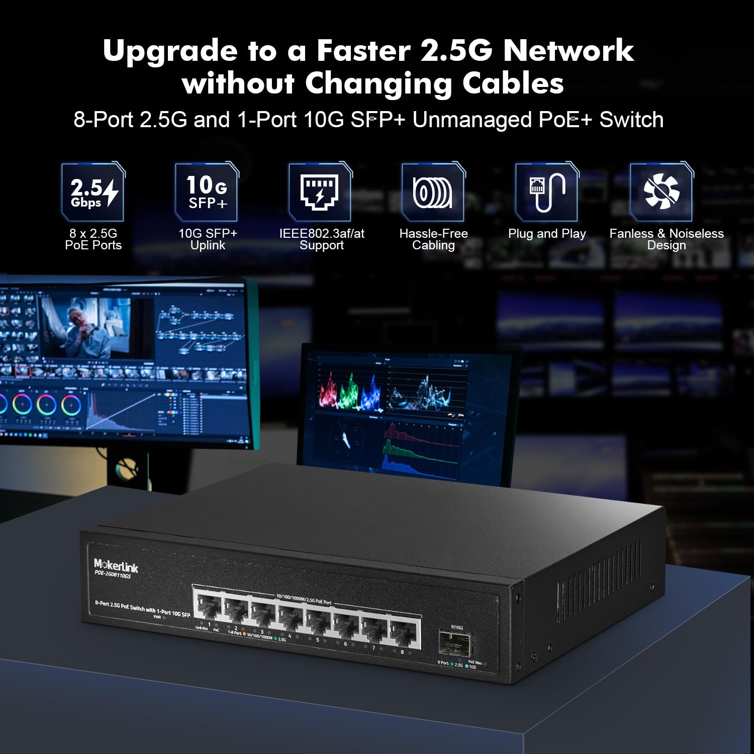 Mokerlink 8 Port 2.5 Gigabit Poe Switch With 10G Sfp, 8 X 2.5G Ethernet Ports, 8 Port Poe Ieee802.3Af/At, 120W, Compatible With